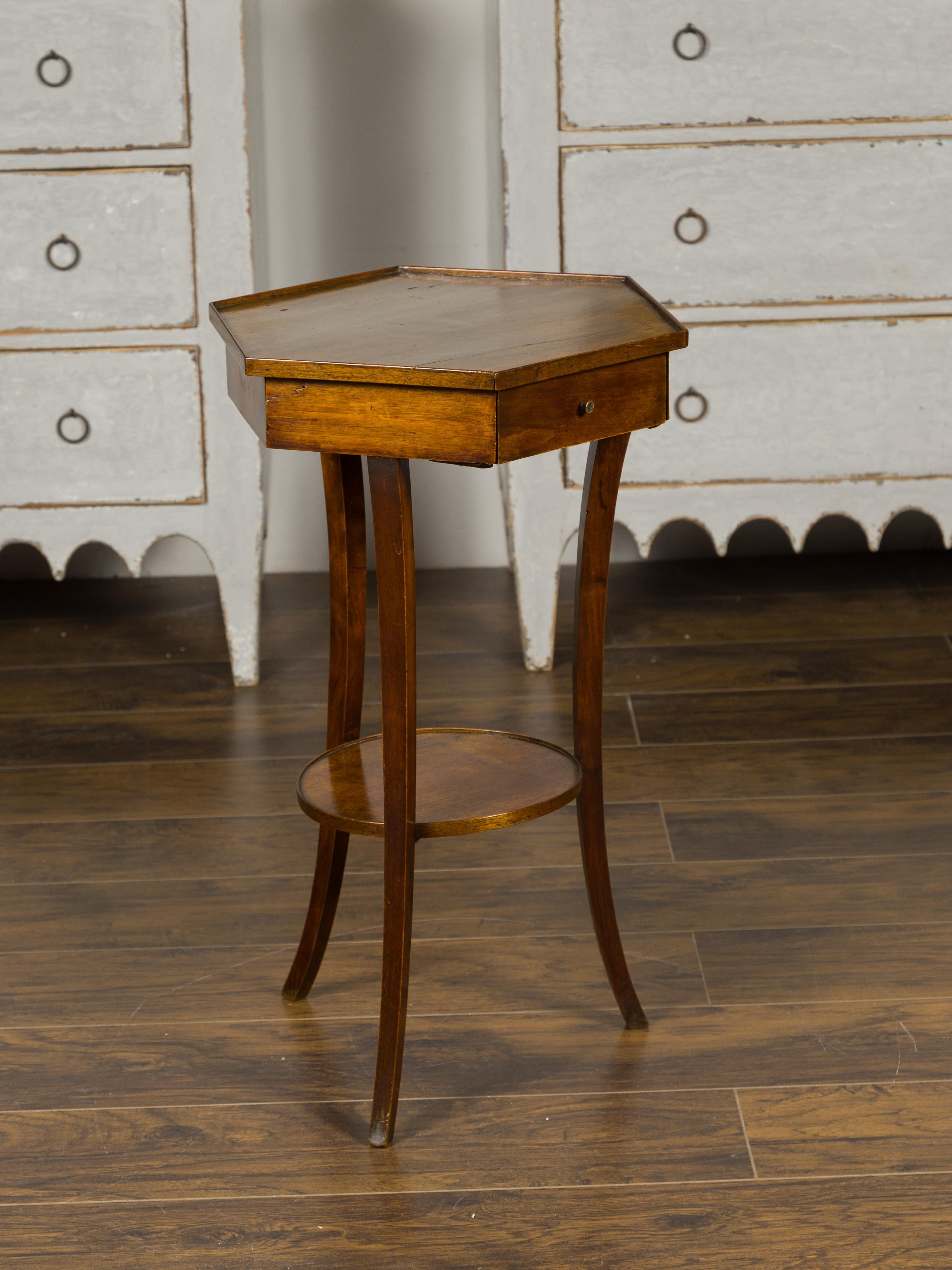 Italian 1850s Walnut Side Table with Hexagonal Top, Single Drawer and Low Shelf 4