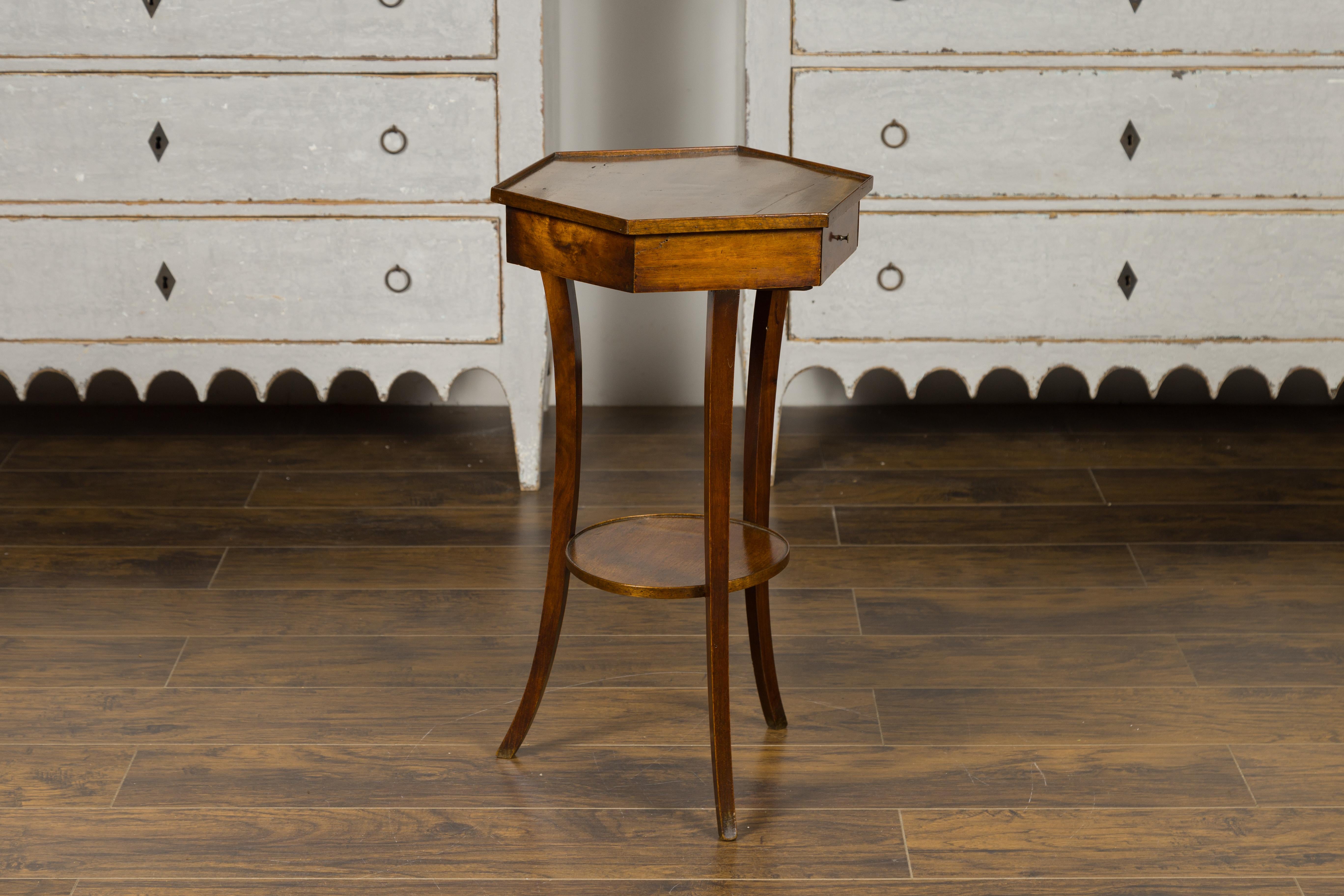 Italian 1850s Walnut Side Table with Hexagonal Top, Single Drawer and Low Shelf 5