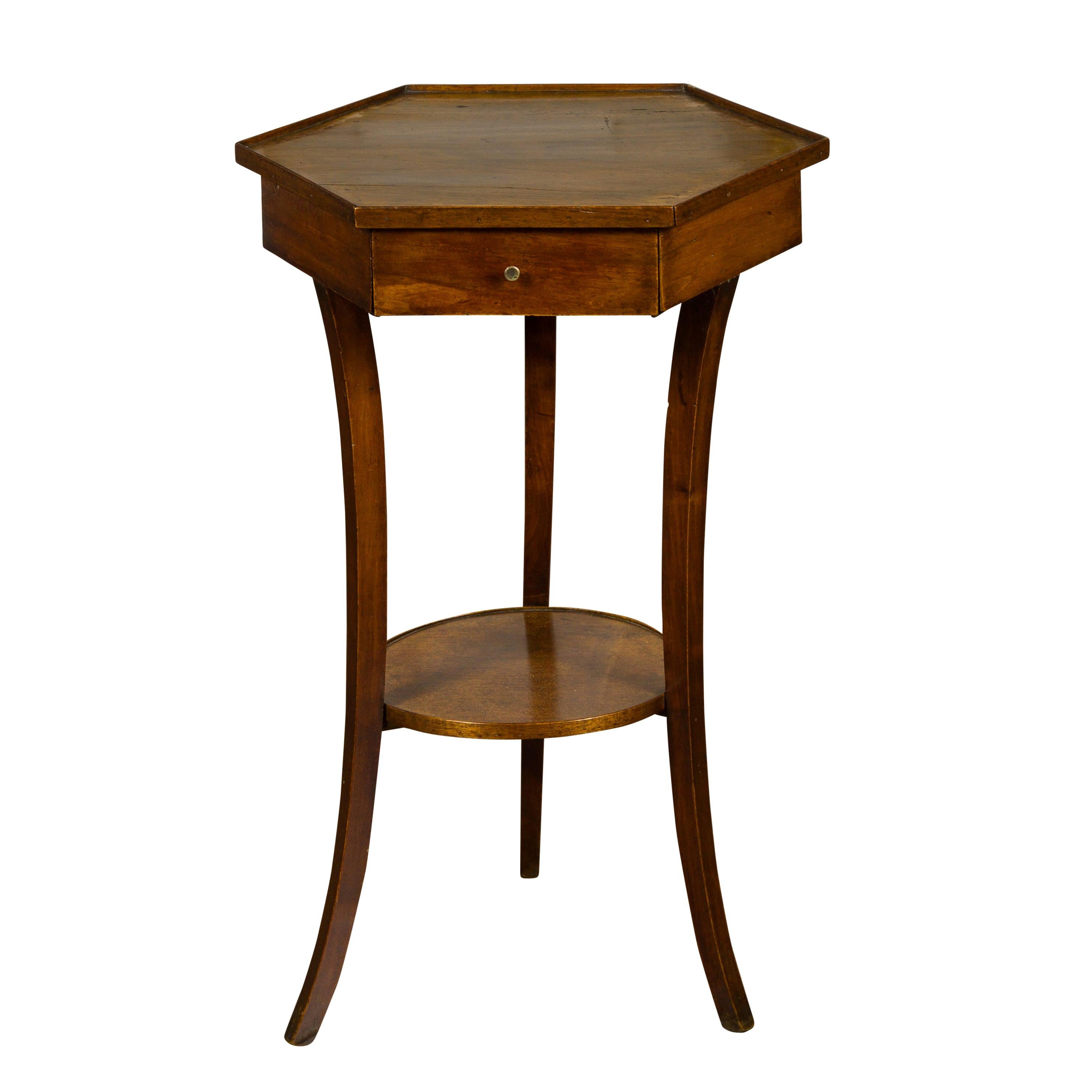 Italian 1850s Walnut Side Table with Hexagonal Top, Single Drawer and Low Shelf