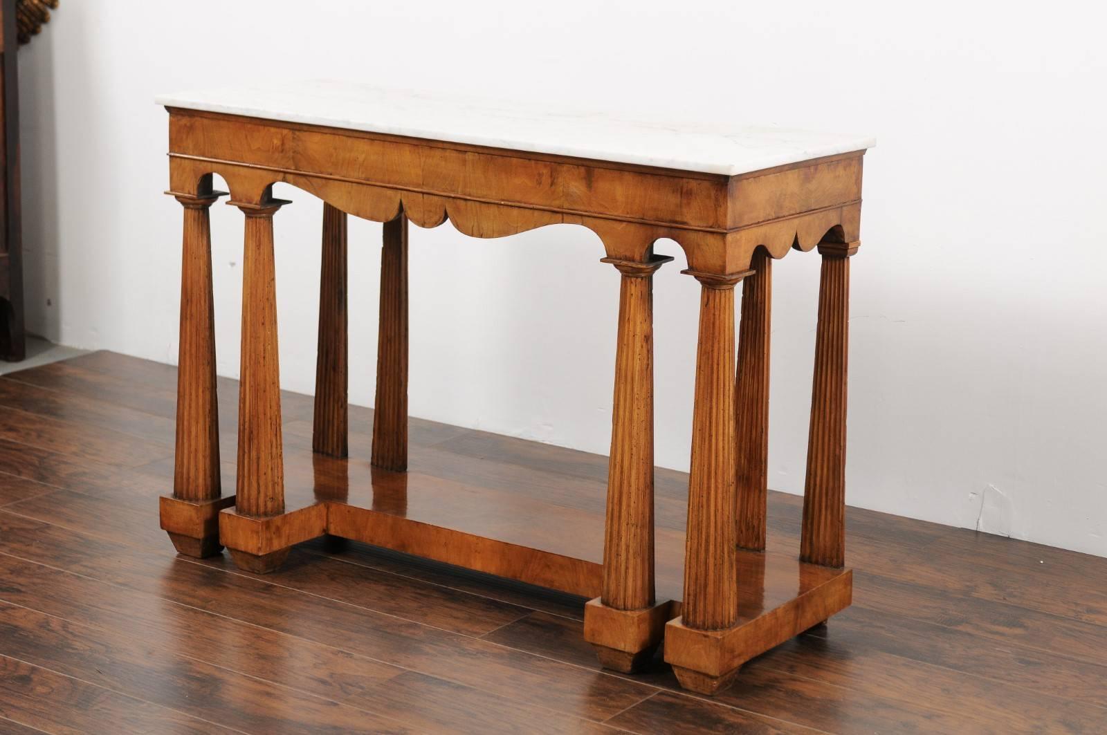 Italian, 1850s Walnut Veneered Console Table with Marble Top and Column Legs 6