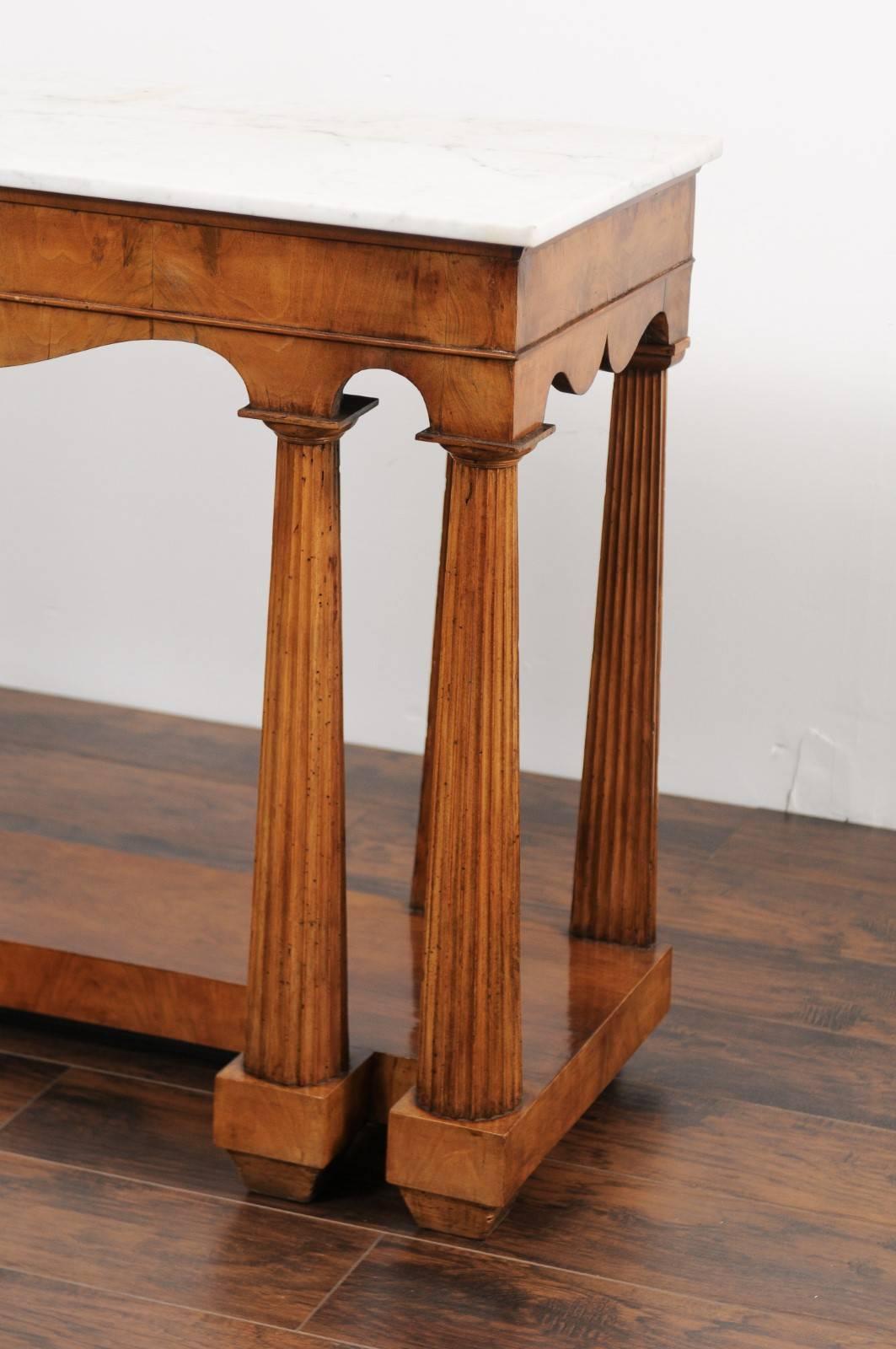Italian, 1850s Walnut Veneered Console Table with Marble Top and Column Legs 7