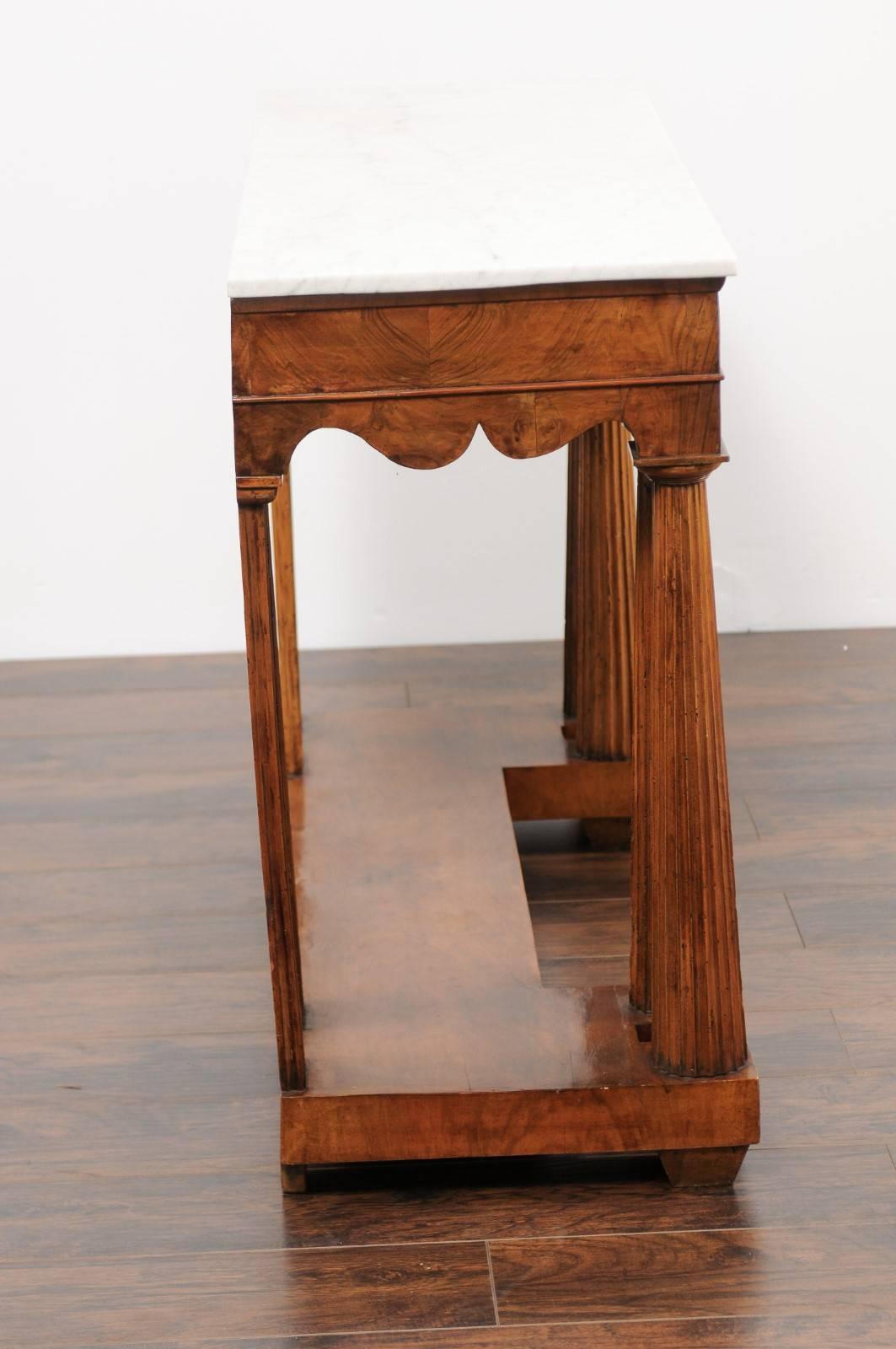 19th Century Italian, 1850s Walnut Veneered Console Table with Marble Top and Column Legs