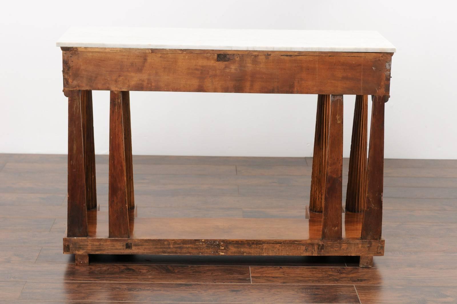 Italian, 1850s Walnut Veneered Console Table with Marble Top and Column Legs 1