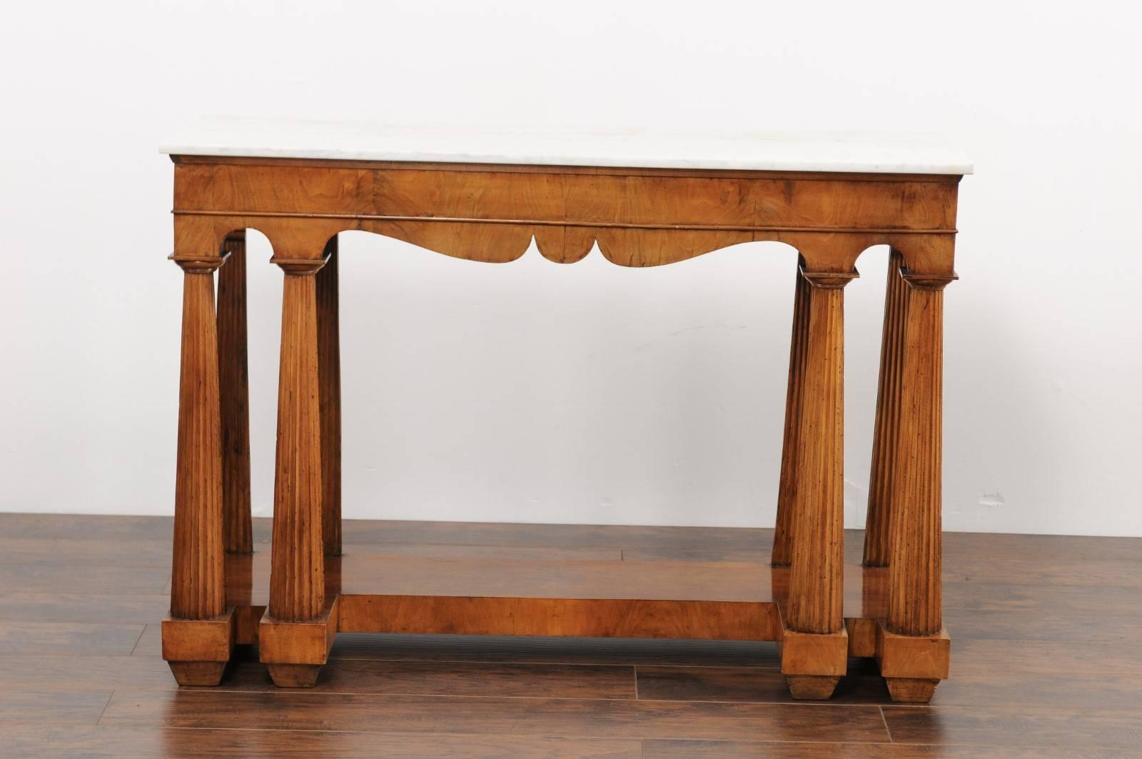 Italian, 1850s Walnut Veneered Console Table with Marble Top and Column Legs 4