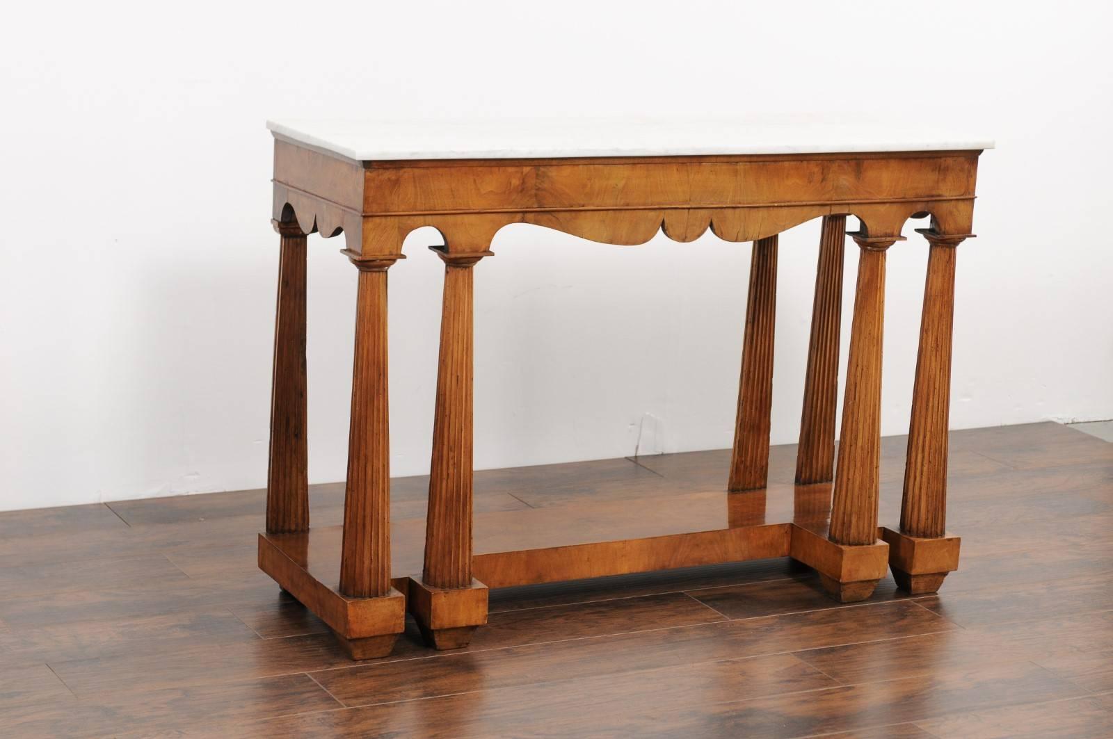 Italian, 1850s Walnut Veneered Console Table with Marble Top and Column Legs 5