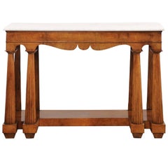 Italian, 1850s Walnut Veneered Console Table with Marble Top and Column Legs
