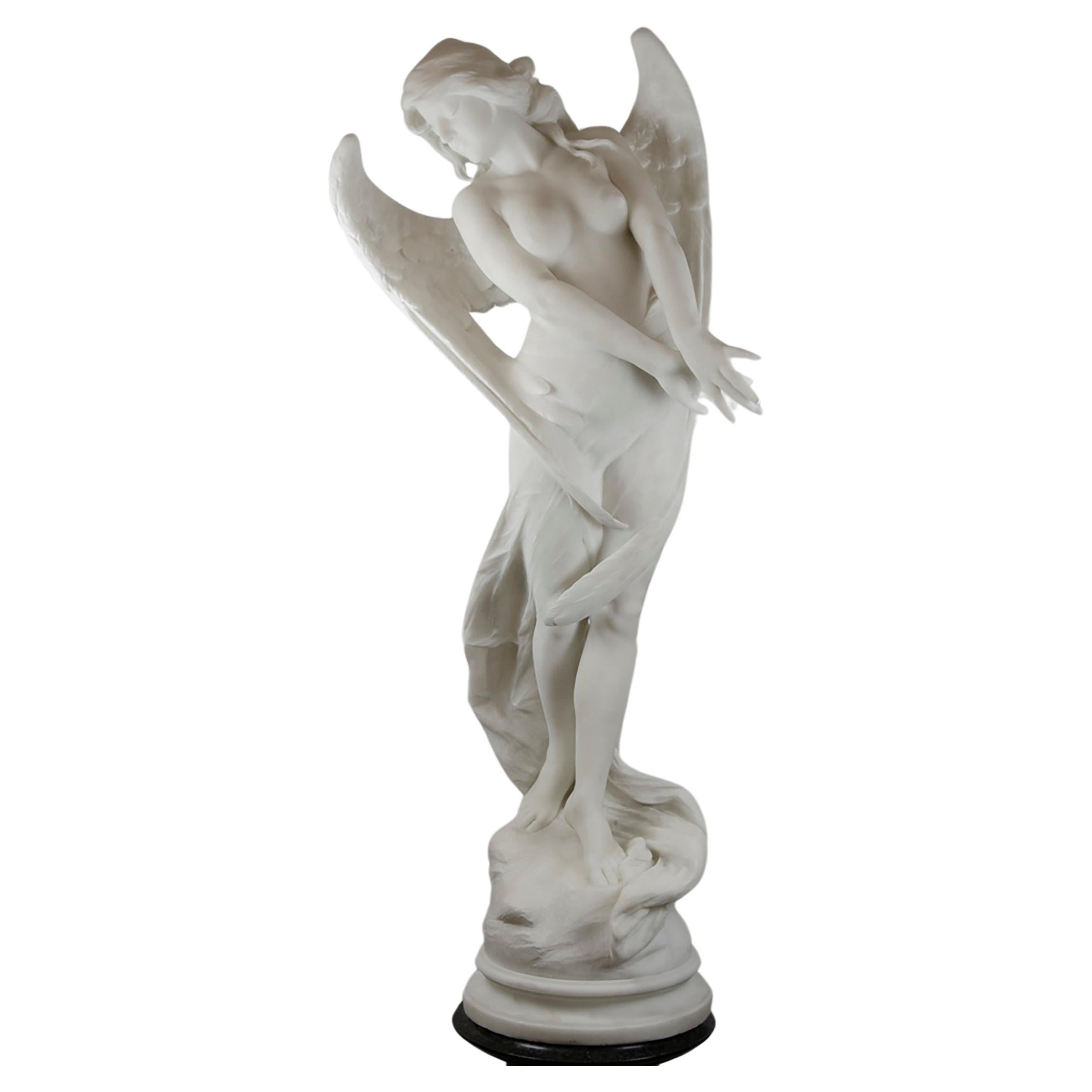 Sculpture en marbre de Carrare "Un Angelo" par Emilio Fiaschi (Italie, 1858-1941)