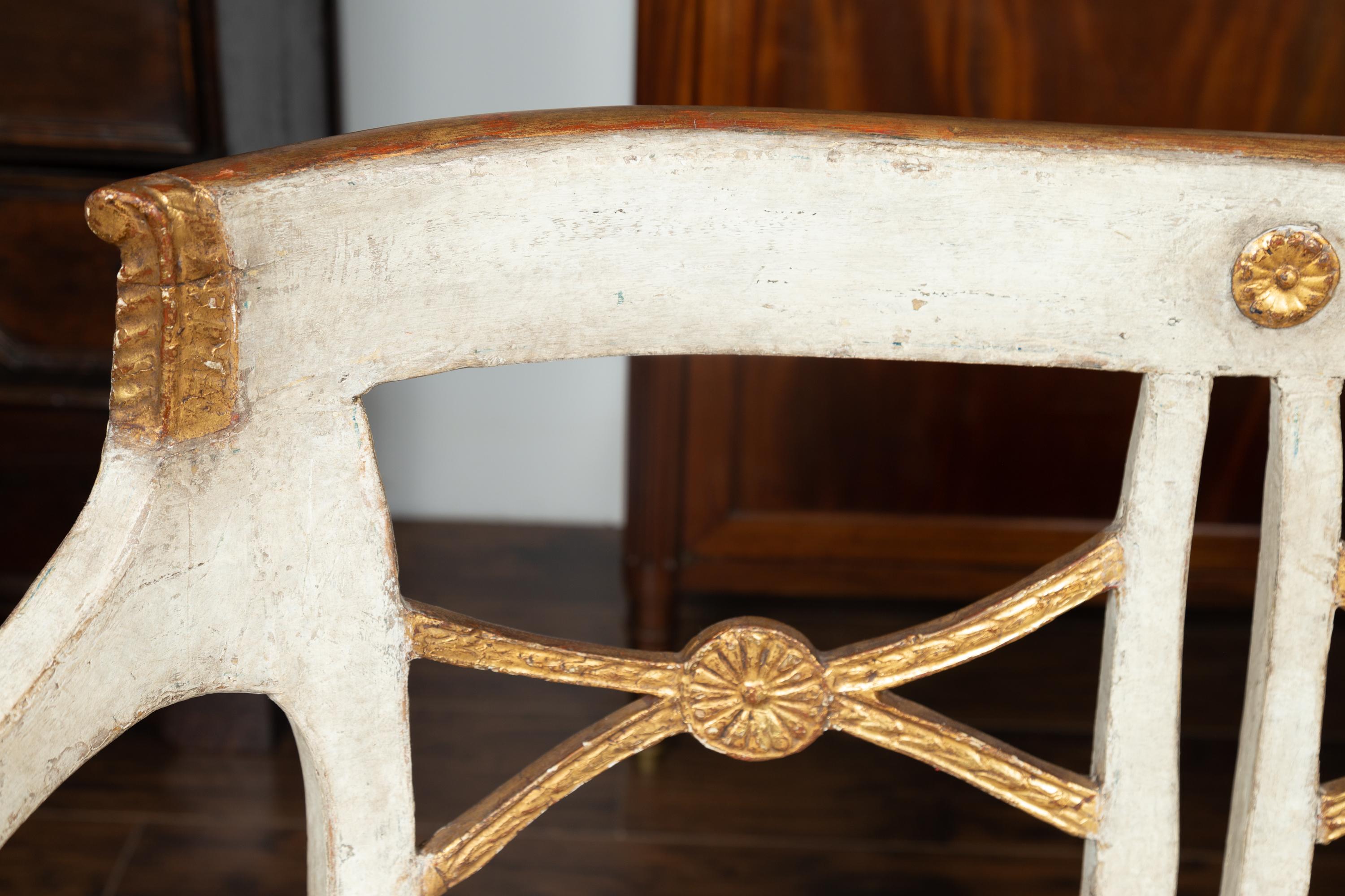 Italian 1860s Painted Wood Bench with Gilded Accents and New Upholstery For Sale 10
