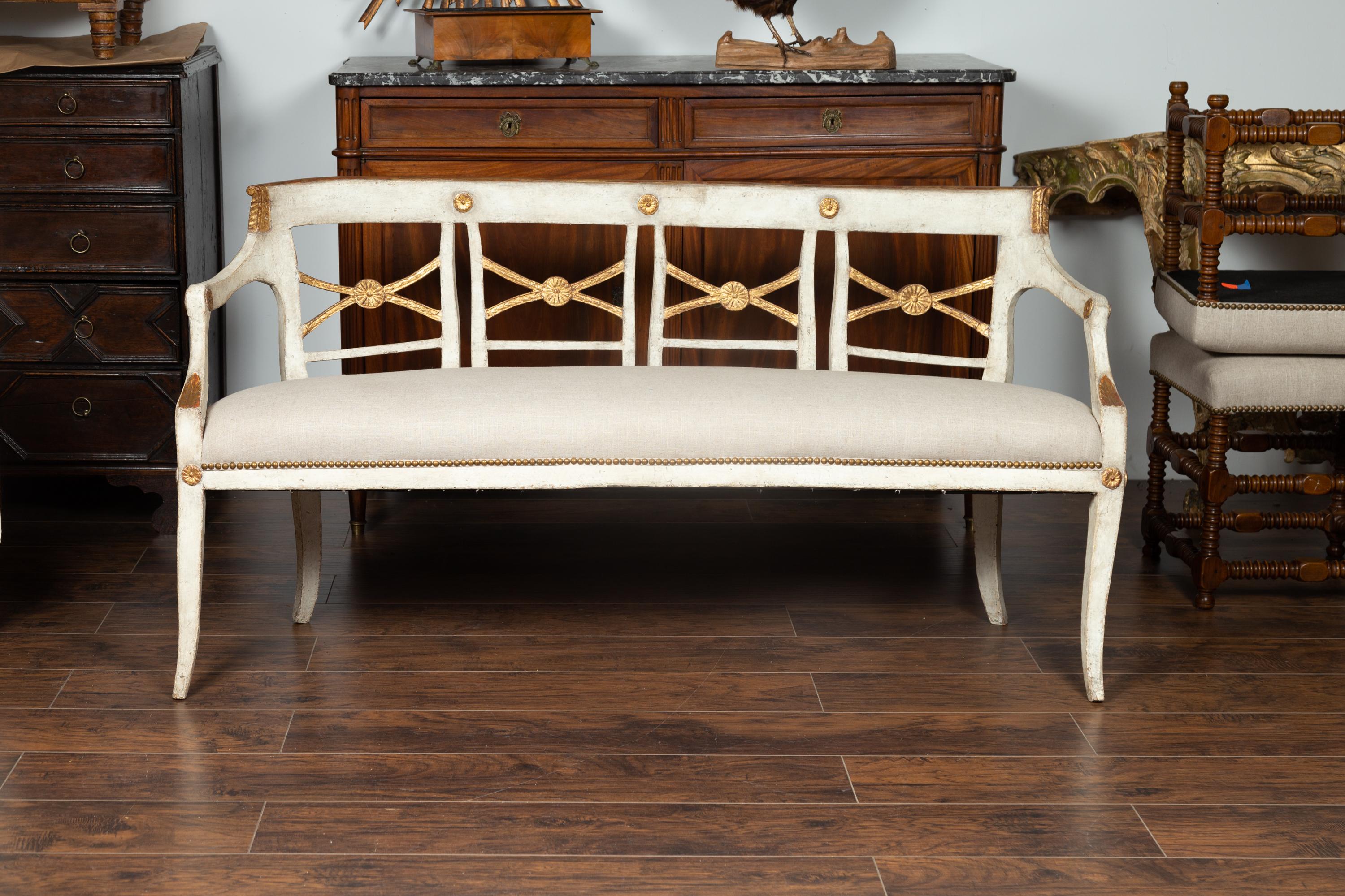 Italian 1860s Painted Wood Bench with Gilded Accents and New Upholstery In Good Condition For Sale In Atlanta, GA