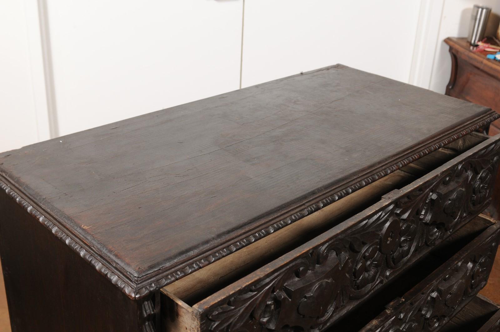19th Century Italian 1860s Three-Drawer Commode with Hand-Carved Scrollwork and Dark Patina