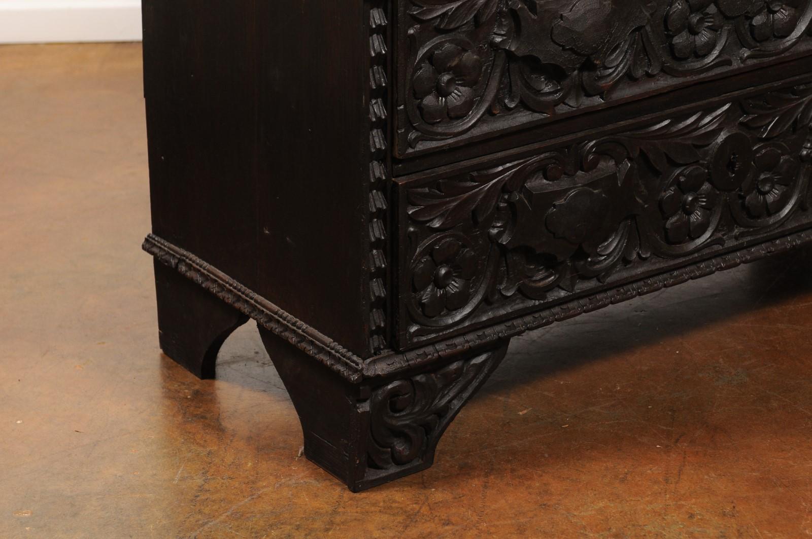 Italian 1860s Three-Drawer Commode with Hand-Carved Scrollwork and Dark Patina 1