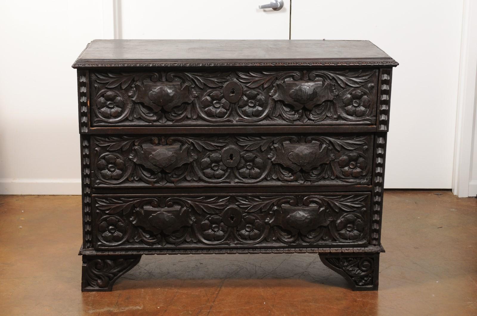 Italian 1860s Three-Drawer Commode with Hand-Carved Scrollwork and Dark Patina 2