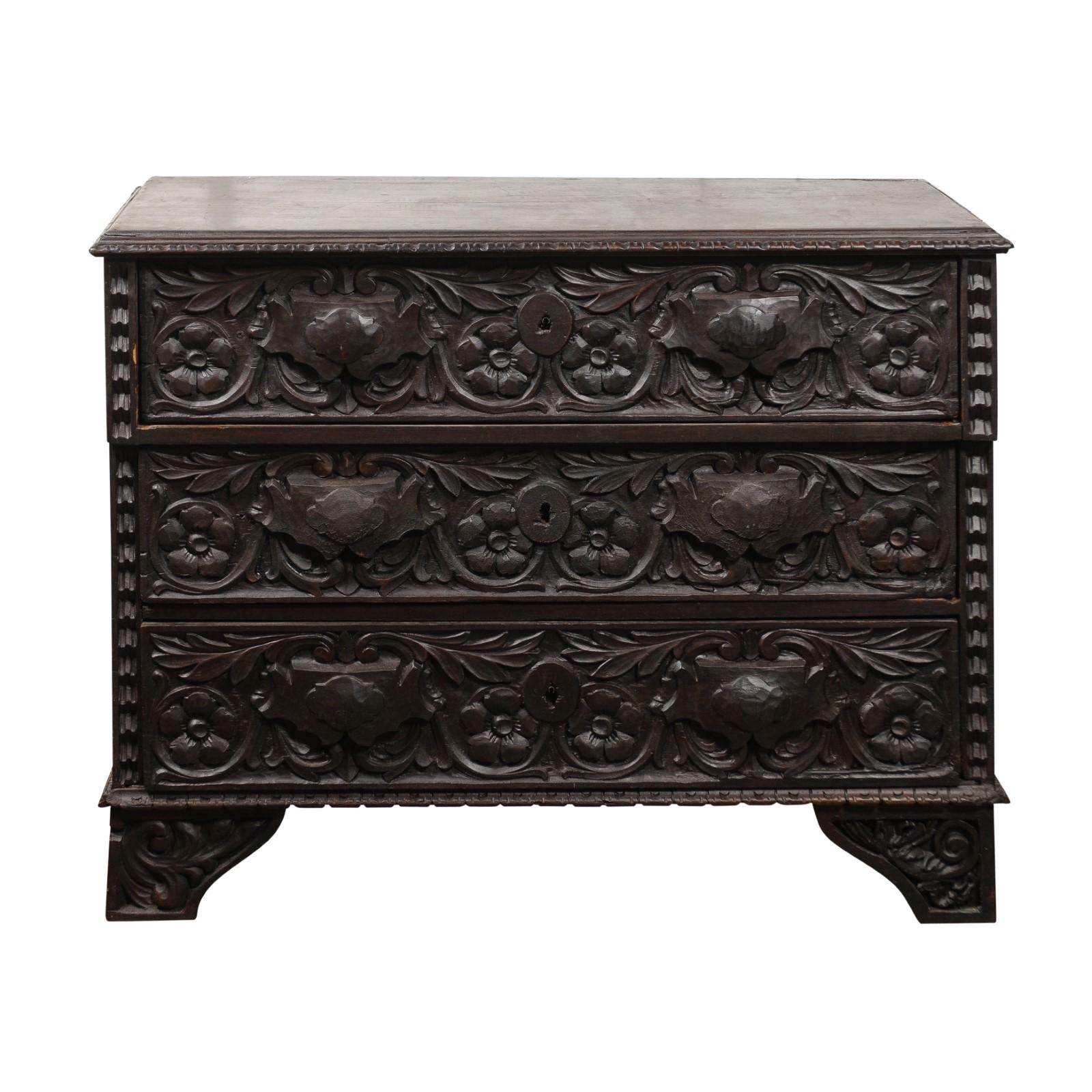 Italian 1860s Three-Drawer Commode with Hand-Carved Scrollwork and Dark Patina