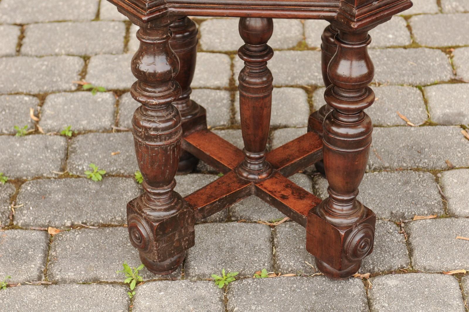 Italian 1860s Walnut Side Table with Scoop Patterns, Turned Base and Stretcher 5