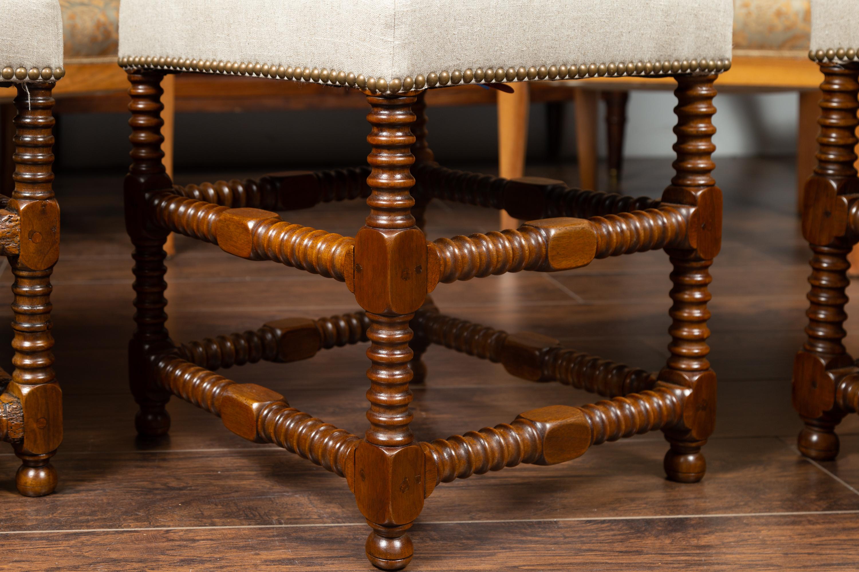 Italian 1860s Walnut Spool Leg Stool with New Upholstery and Side Stretchers 7