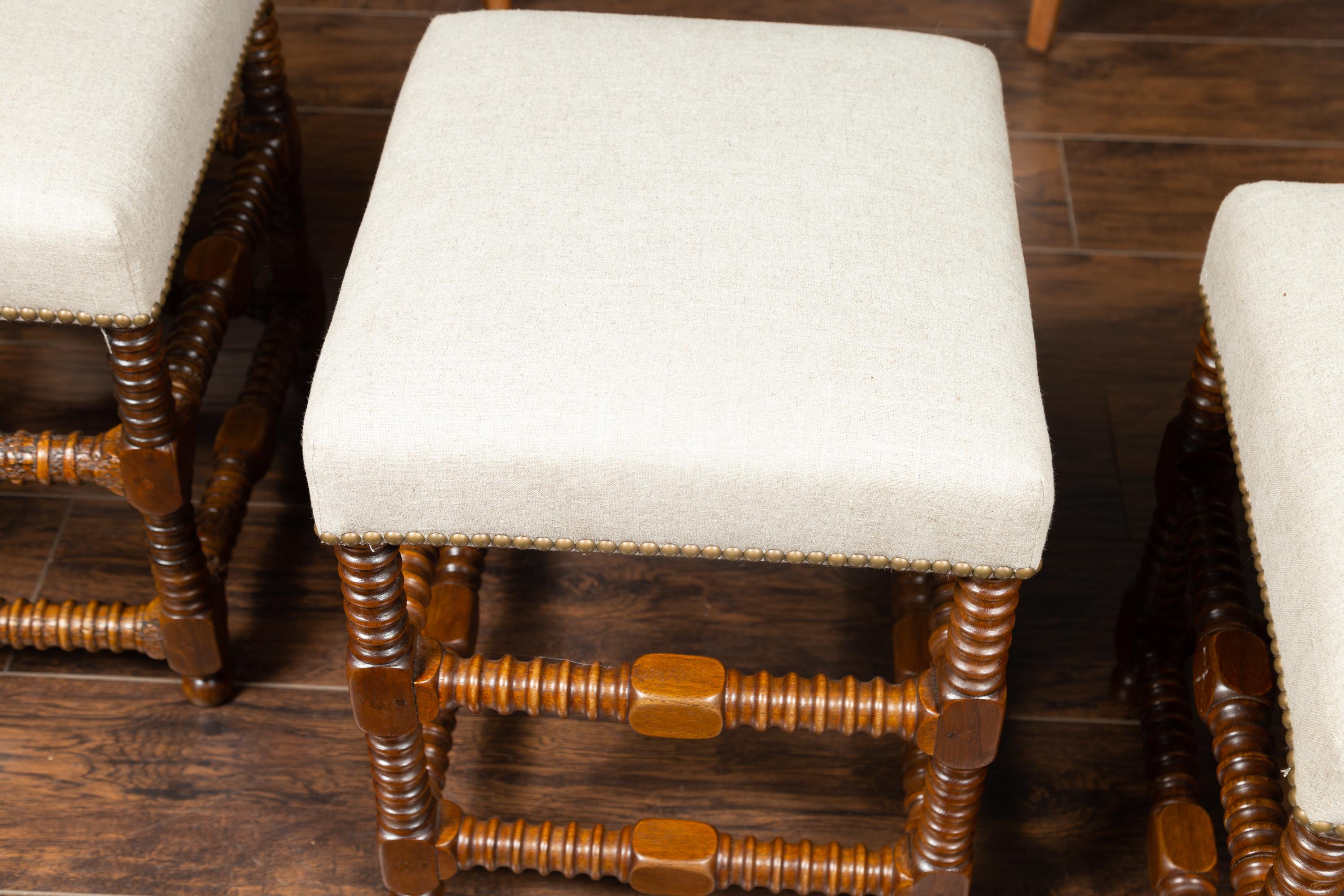 Italian 1860s Walnut Spool Leg Stool with New Upholstery and Side Stretchers 4