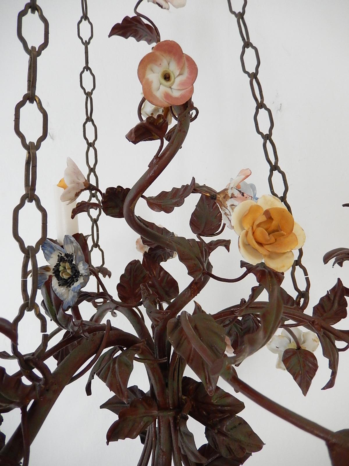  Italian 1870 Tole Polychrome  Porcelain Flowers with Chain Chandelier 5