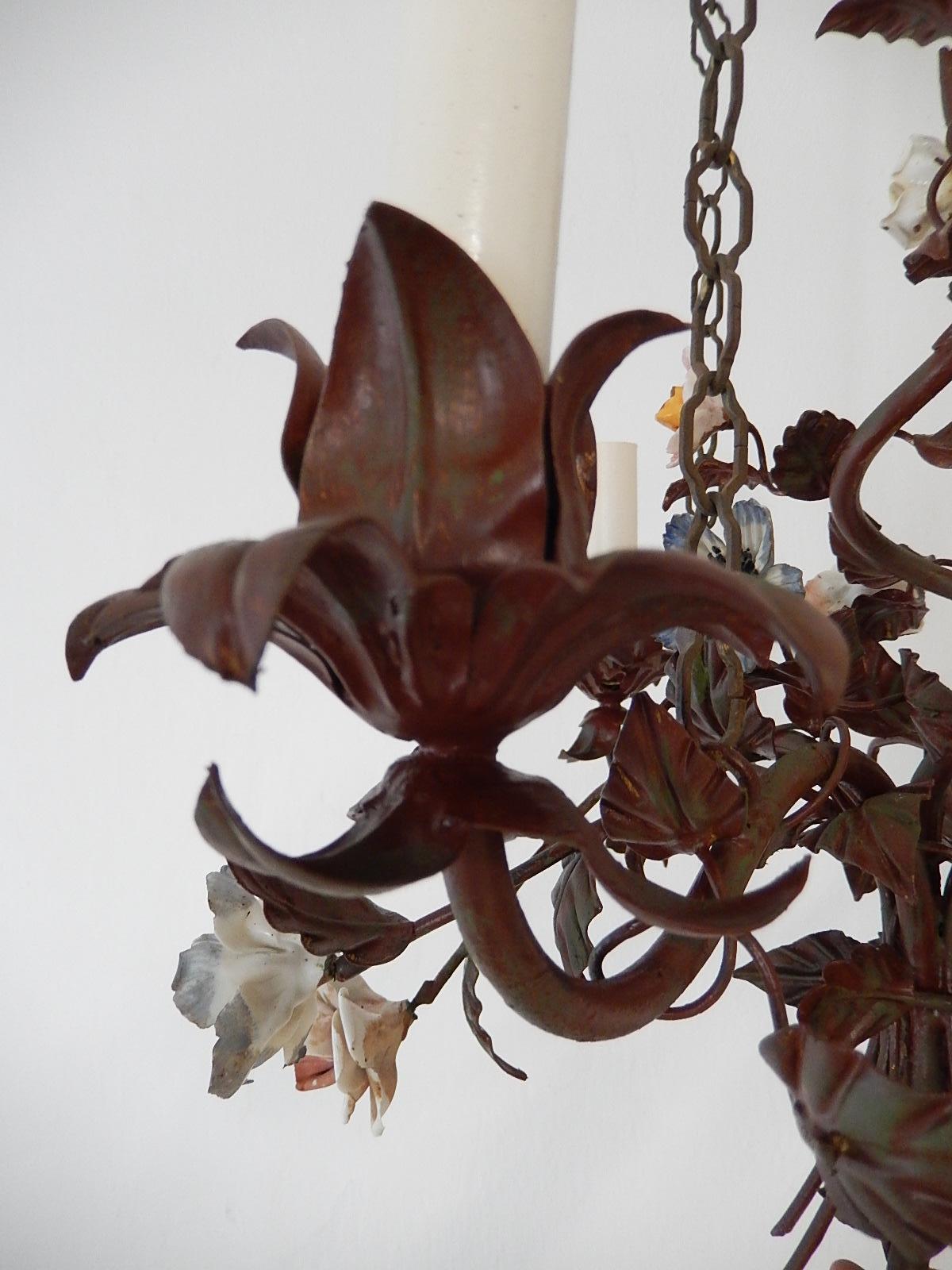  Italian 1870 Tole Polychrome  Porcelain Flowers with Chain Chandelier 6