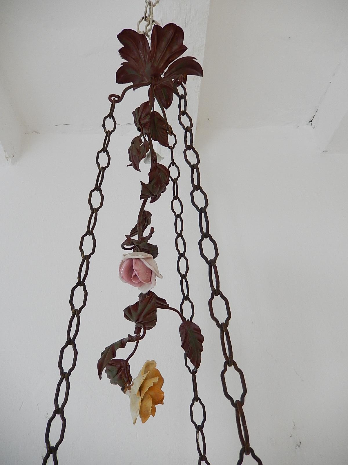19th Century  Italian 1870 Tole Polychrome  Porcelain Flowers with Chain Chandelier