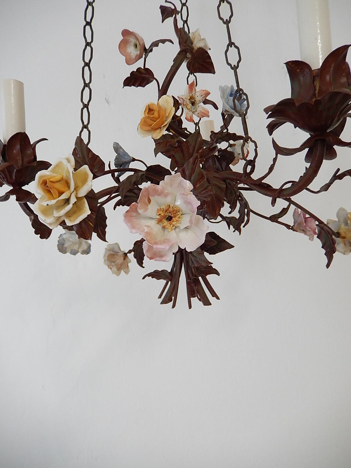 Tôle  Italian 1870 Tole Polychrome  Porcelain Flowers with Chain Chandelier
