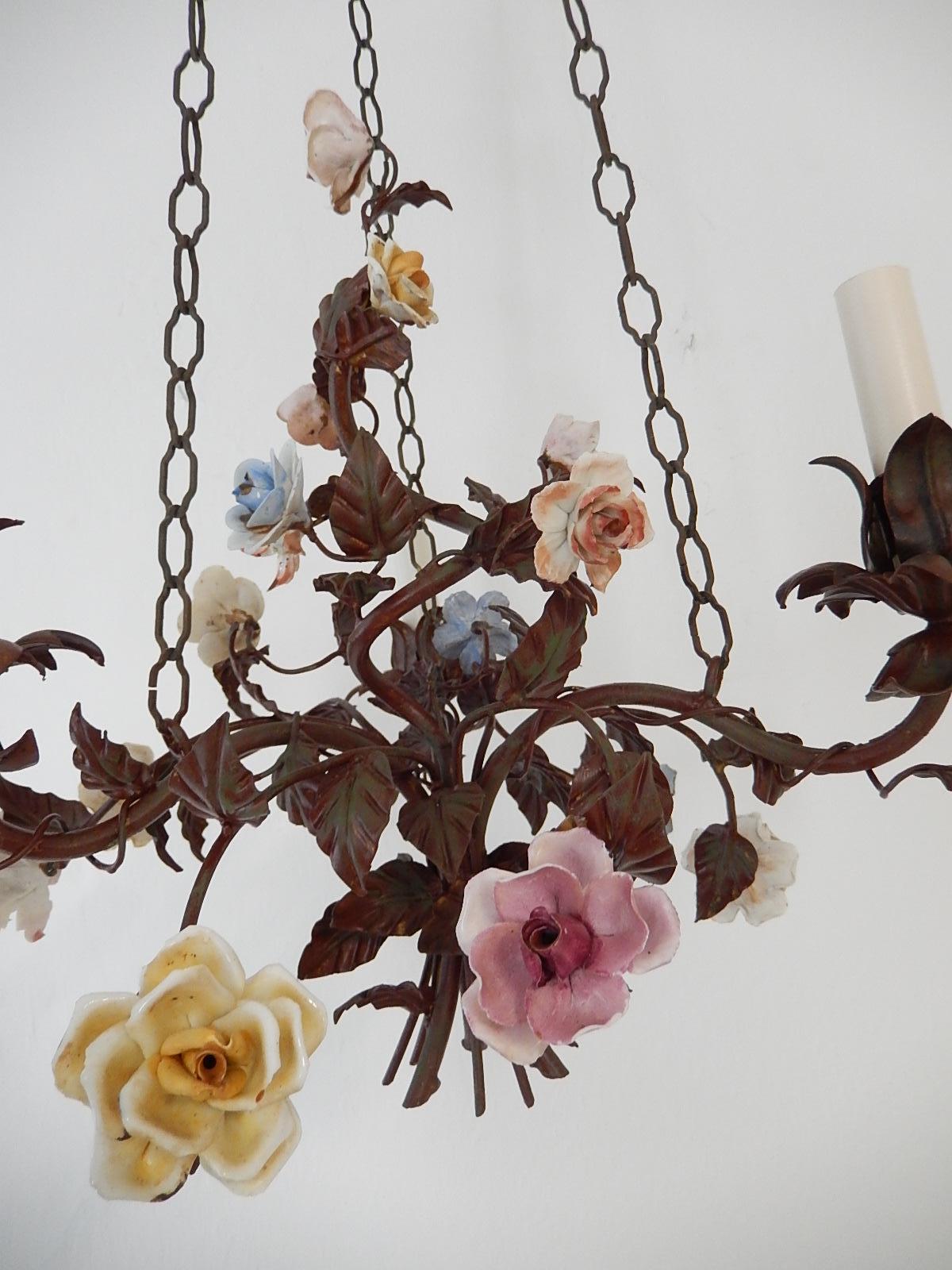  Italian 1870 Tole Polychrome  Porcelain Flowers with Chain Chandelier 1