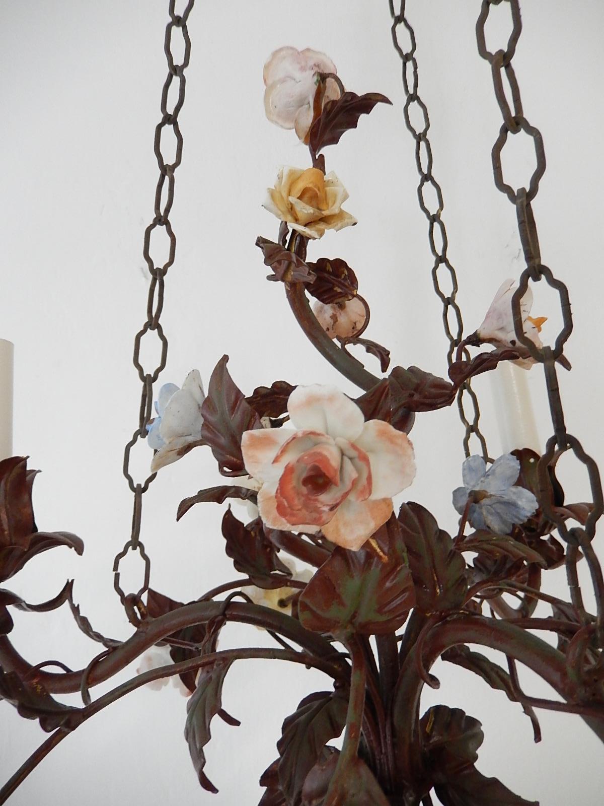  Italian 1870 Tole Polychrome  Porcelain Flowers with Chain Chandelier 2