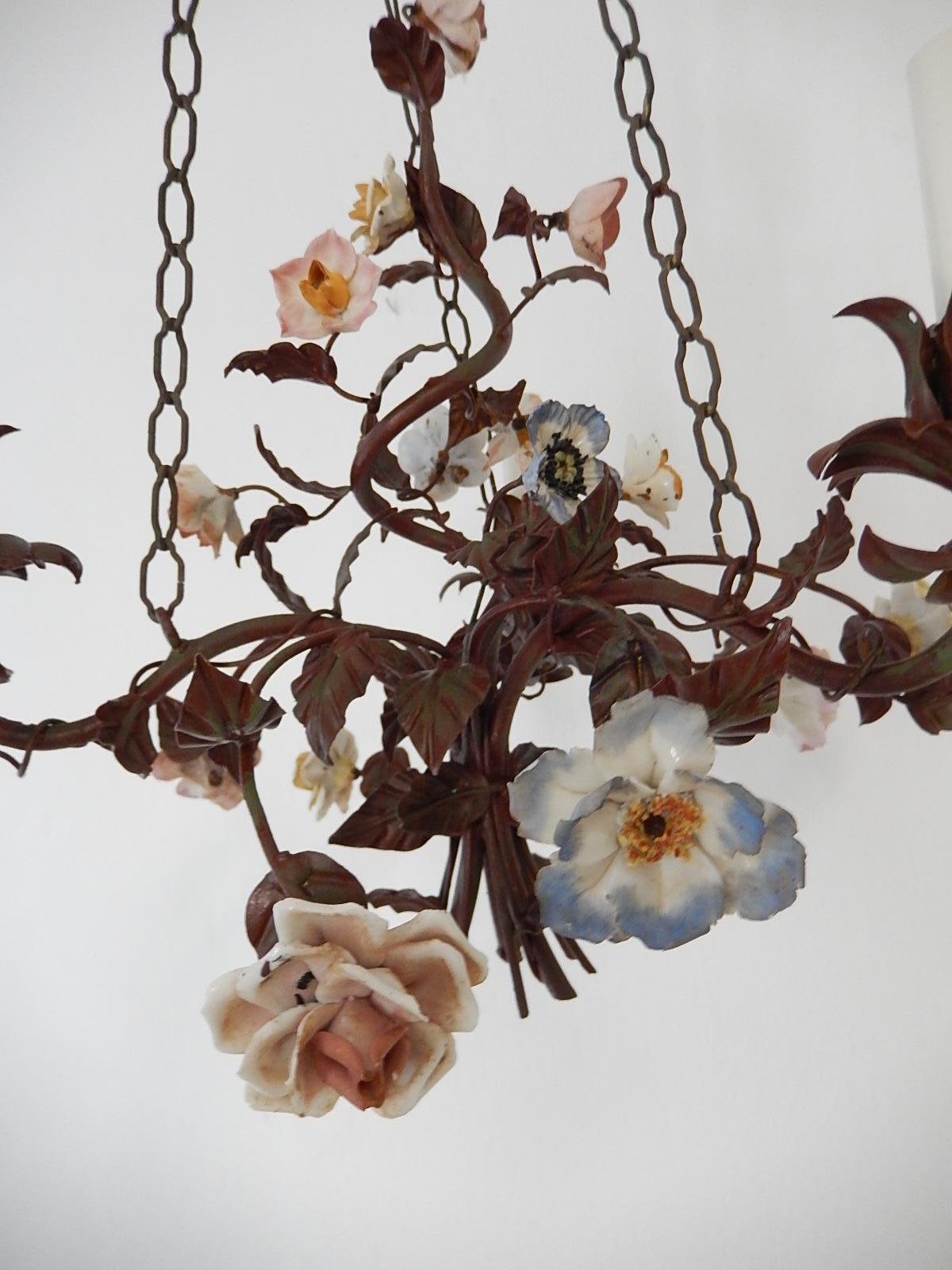  Italian 1870 Tole Polychrome  Porcelain Flowers with Chain Chandelier 3