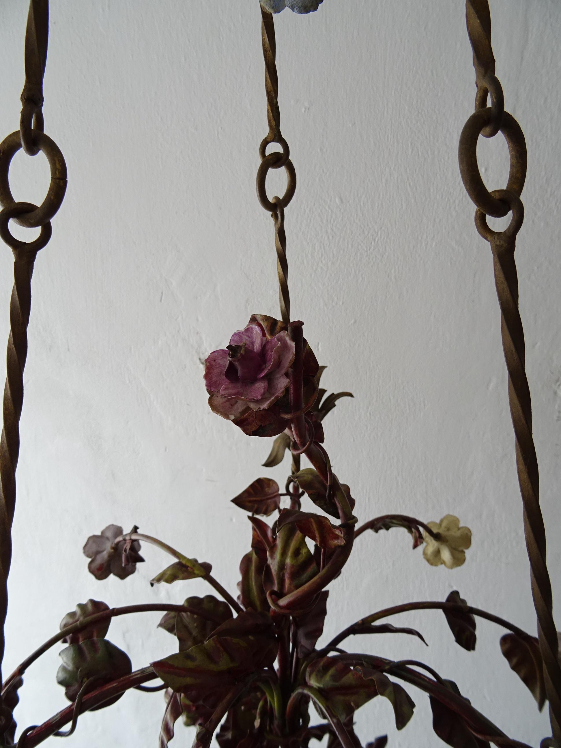 Italian 1870 Tole Polychrome Porcelain Flowers with Chain Chandelier For Sale 4