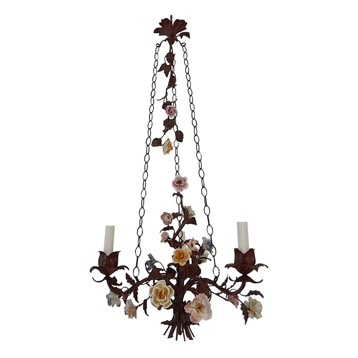  Italian 1870 Tole Polychrome  Porcelain Flowers with Chain Chandelier