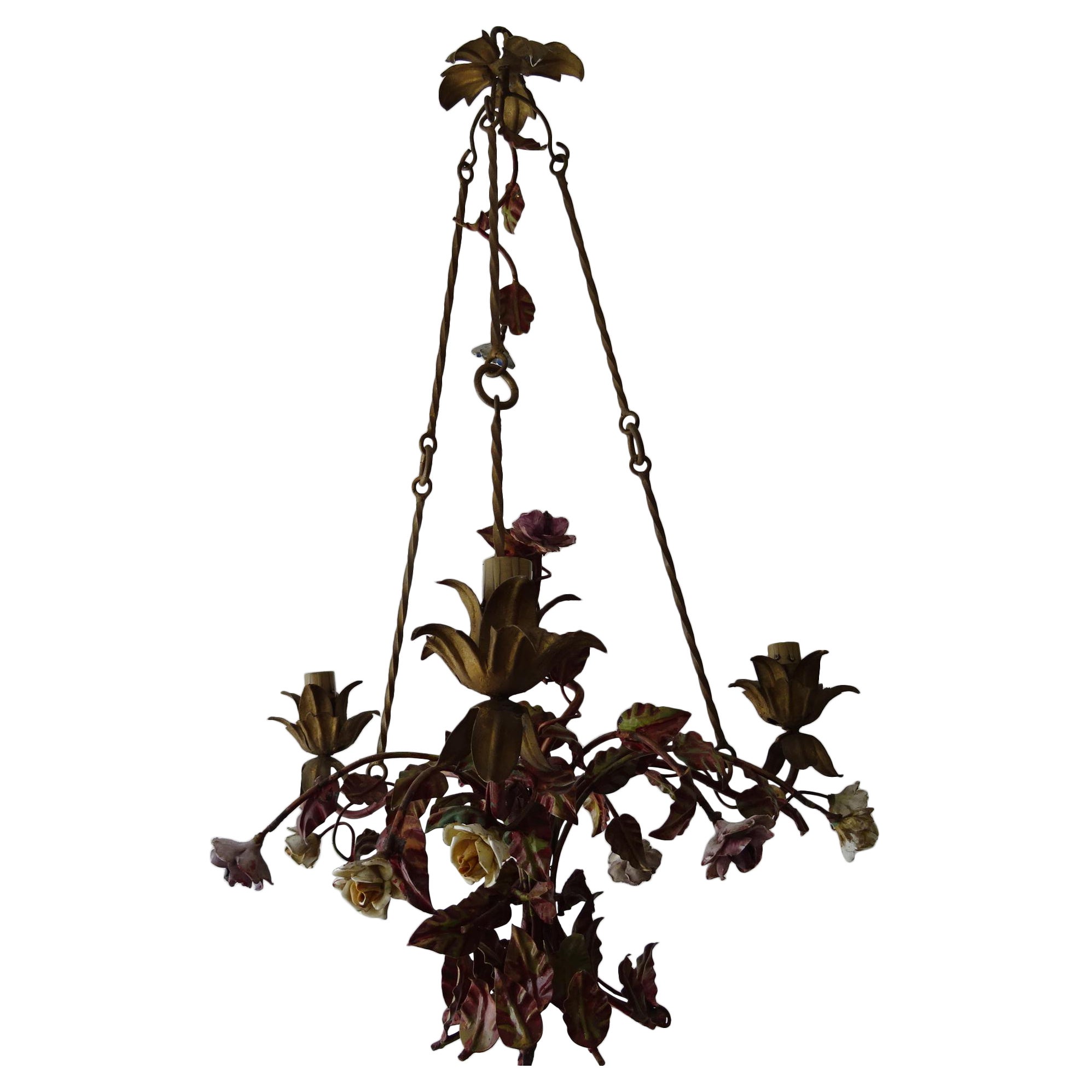 Italian 1870 Tole Polychrome Porcelain Flowers with Chain Chandelier