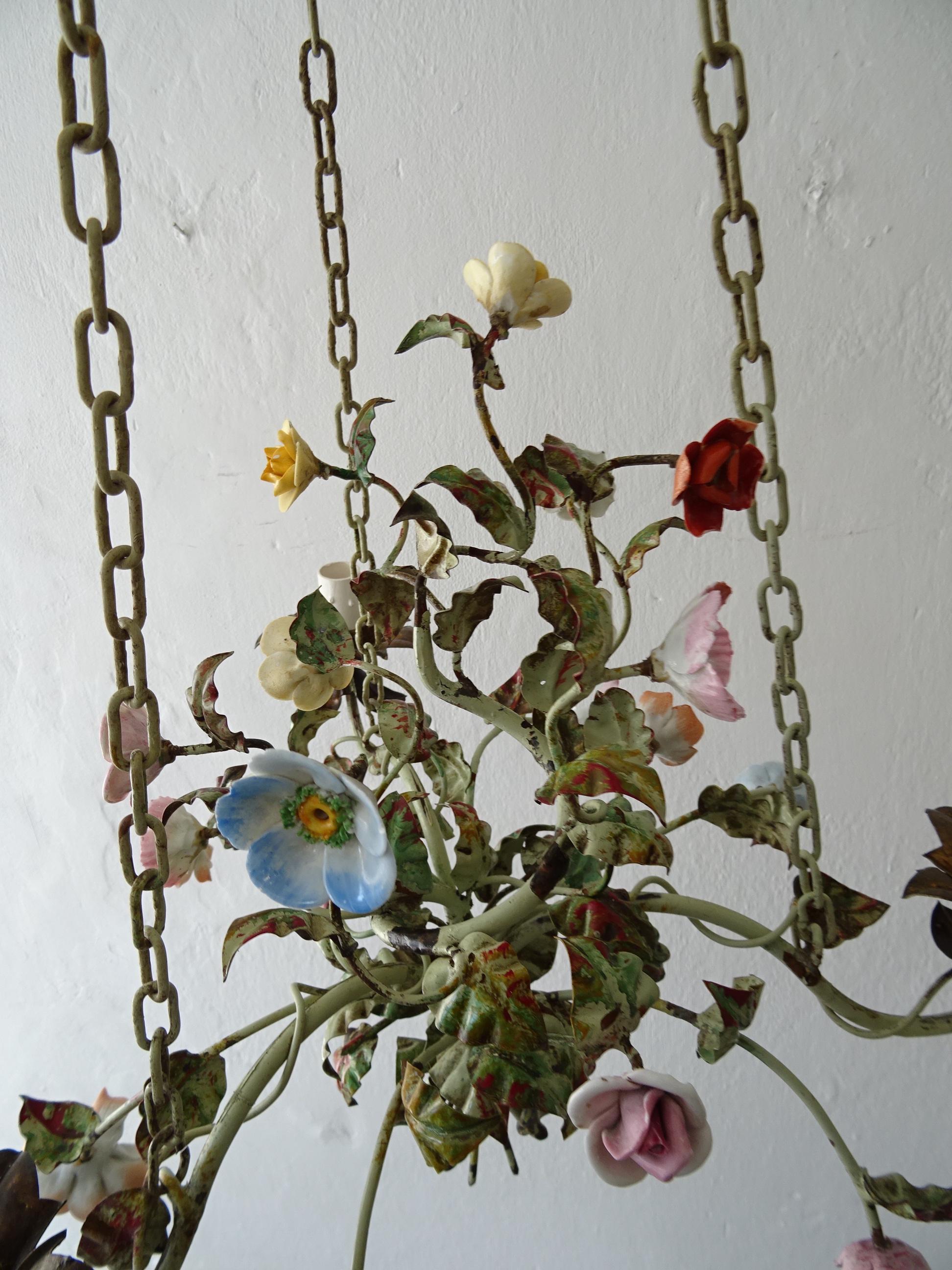 Italian 1870 Tole Polychrome  Porcelain Flowers with Chain Pastel Chandelier 6