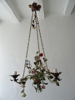 Italian 1870 Tole Polychrome  Porcelain Flowers with Chain Pastel Chandelier