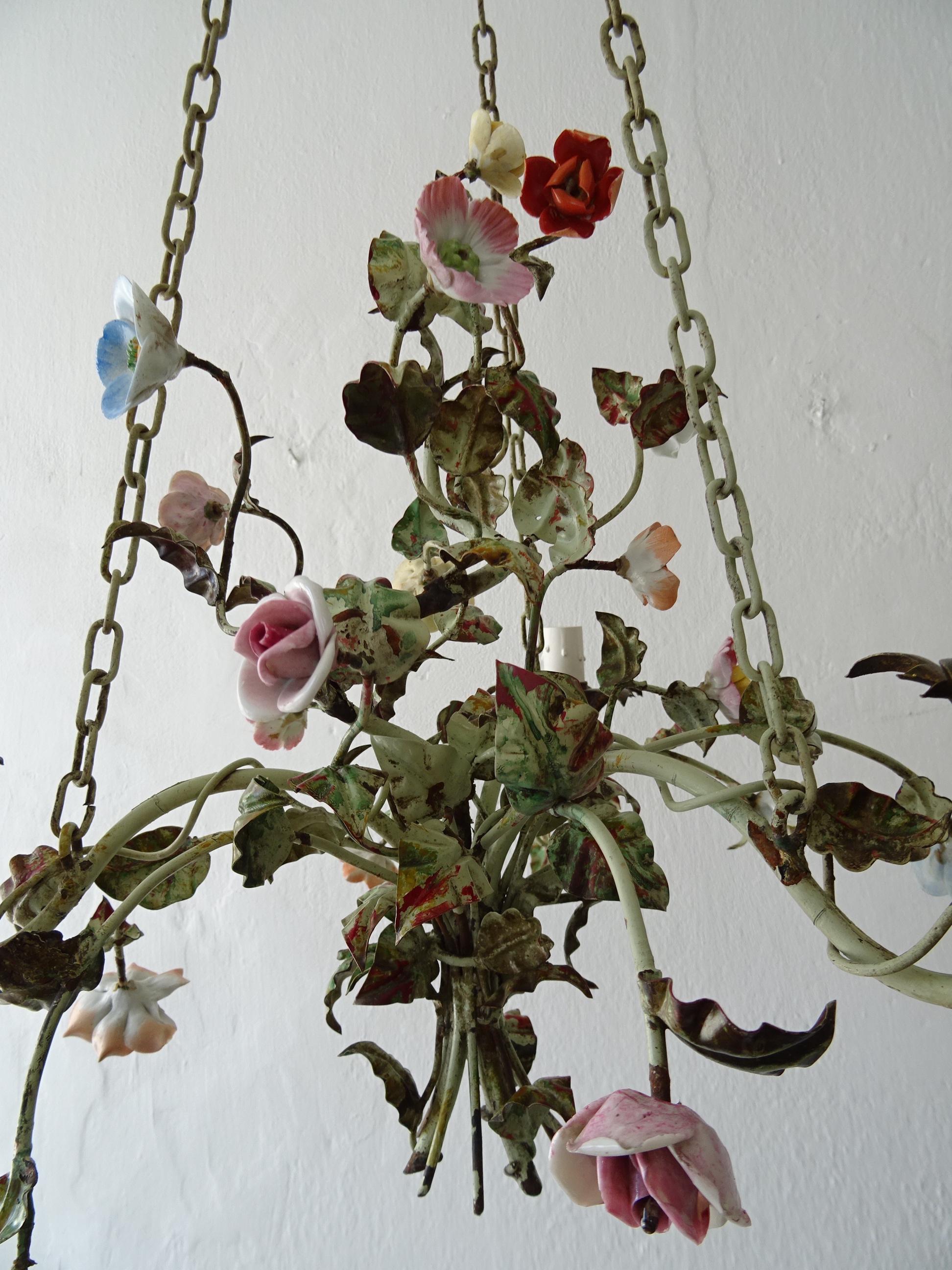19th Century Italian 1870 Tole Polychrome  Porcelain Flowers with Chain Pastel Chandelier