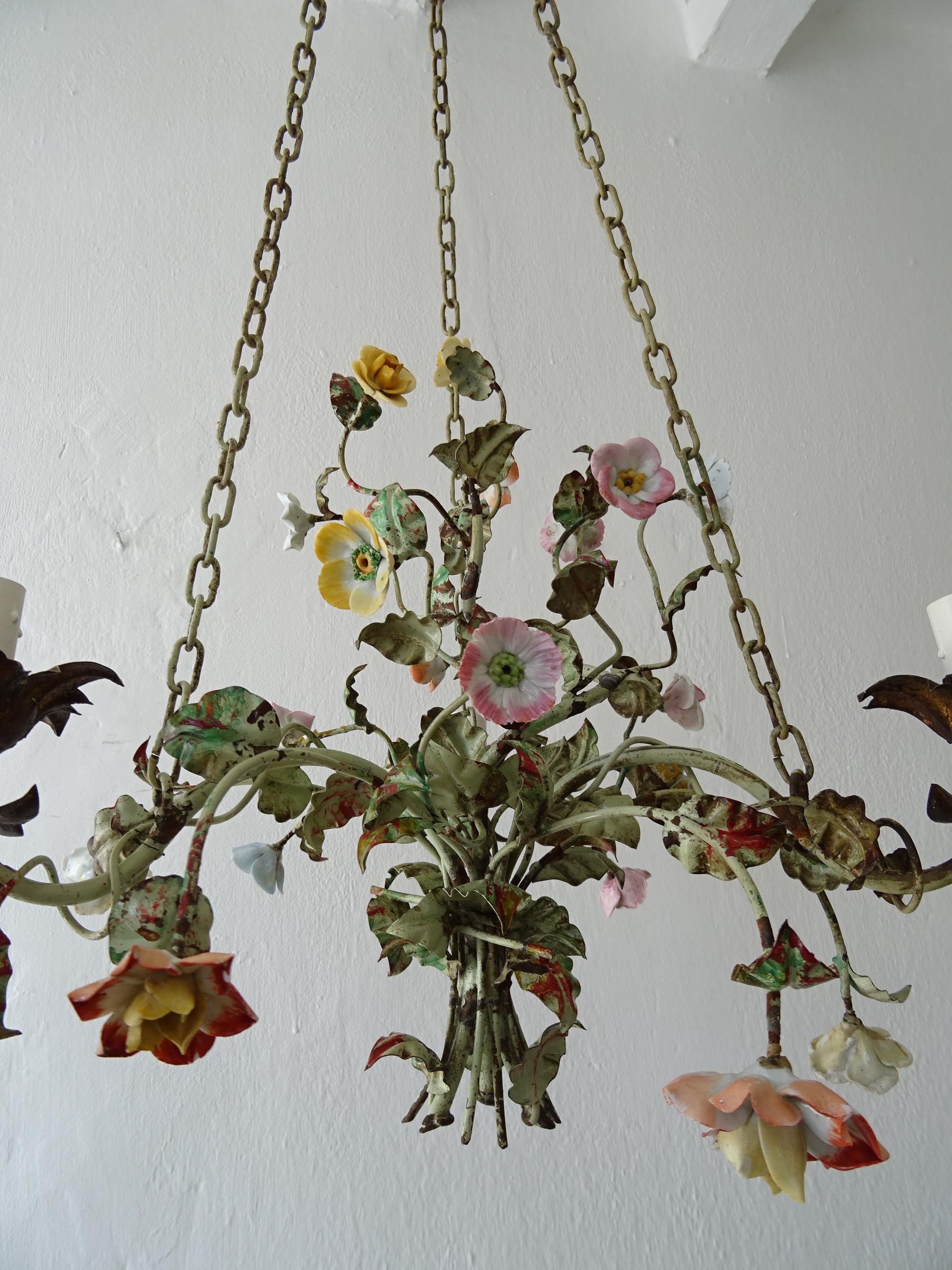 Italian 1870 Tole Polychrome  Porcelain Flowers with Chain Pastel Chandelier 3