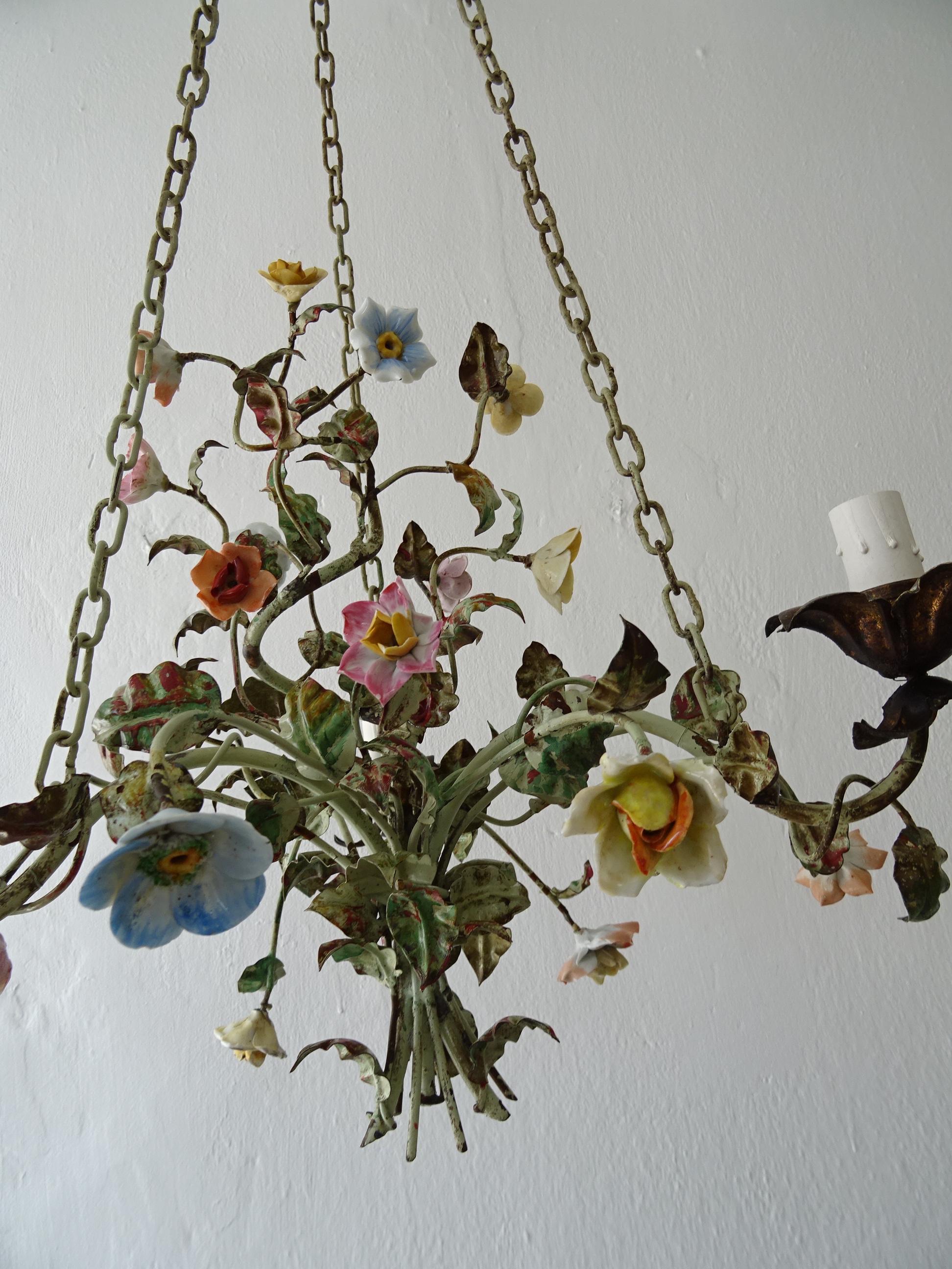 Italian 1870 Tole Polychrome  Porcelain Flowers with Chain Pastel Chandelier 4