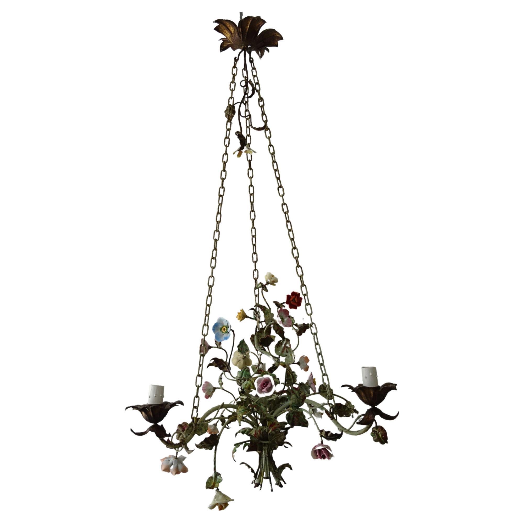 Italian 1870 Tole Polychrome  Porcelain Flowers with Chain Pastel Chandelier