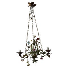 Italian 1870 Tole Polychrome  Porcelain Flowers with Chain Pastel Chandelier