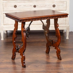 Italian 1870s Baroque Style Walnut Table with Lyre Legs and Iron Stretcher