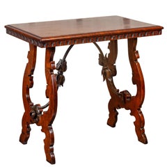 Italian 1870s Baroque Style Walnut Table with Lyre Legs and Iron Stretcher