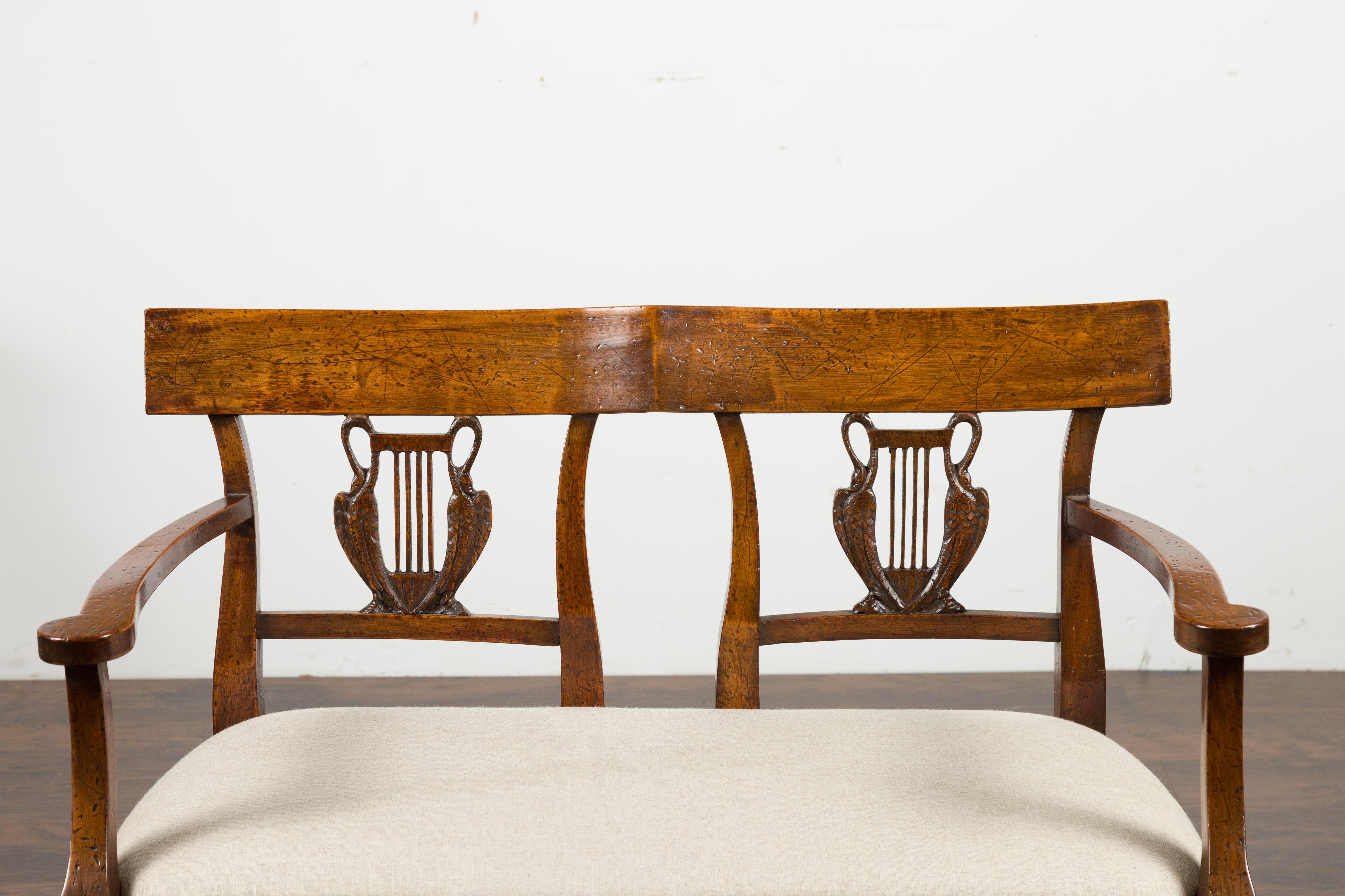 19th Century Italian 1870s Carved Walnut Two-Seats Settee with Swan Motifs and New Upholstery