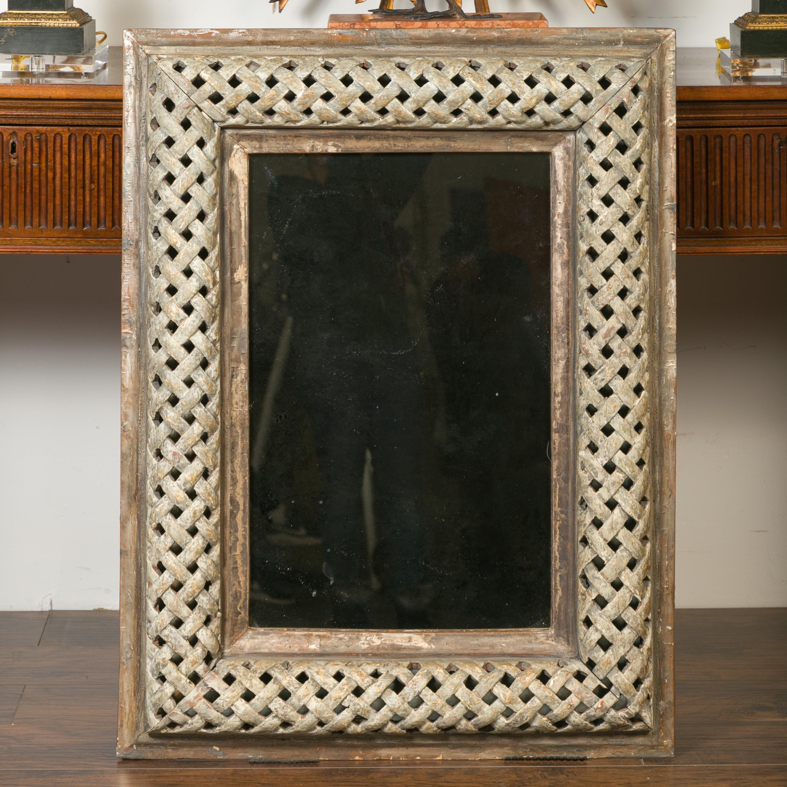 19th Century Italian 1870s Painted and Carved Wooden Mirror with Trellis Inspired Motifs