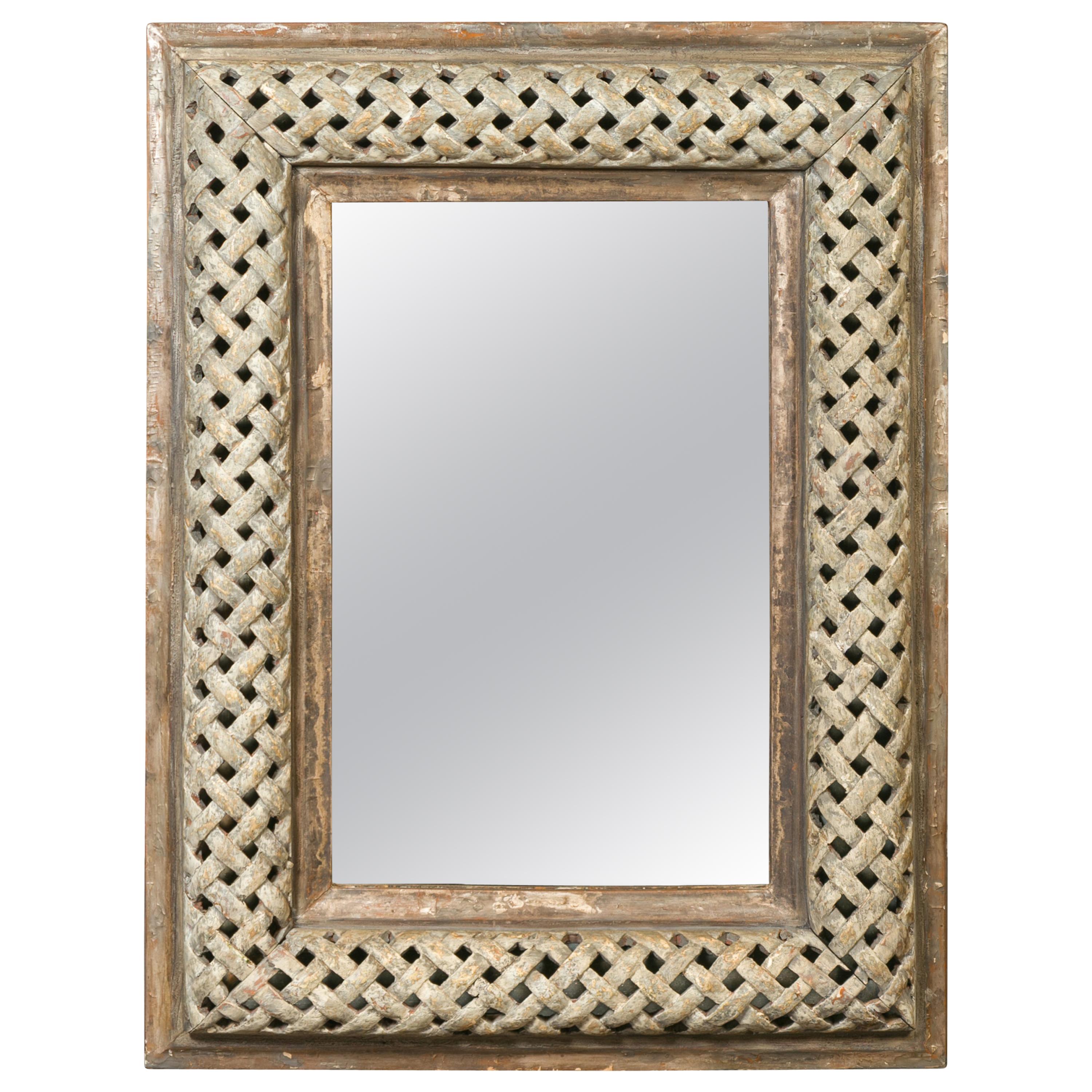 Italian 1870s Painted and Carved Wooden Mirror with Trellis Inspired Motifs