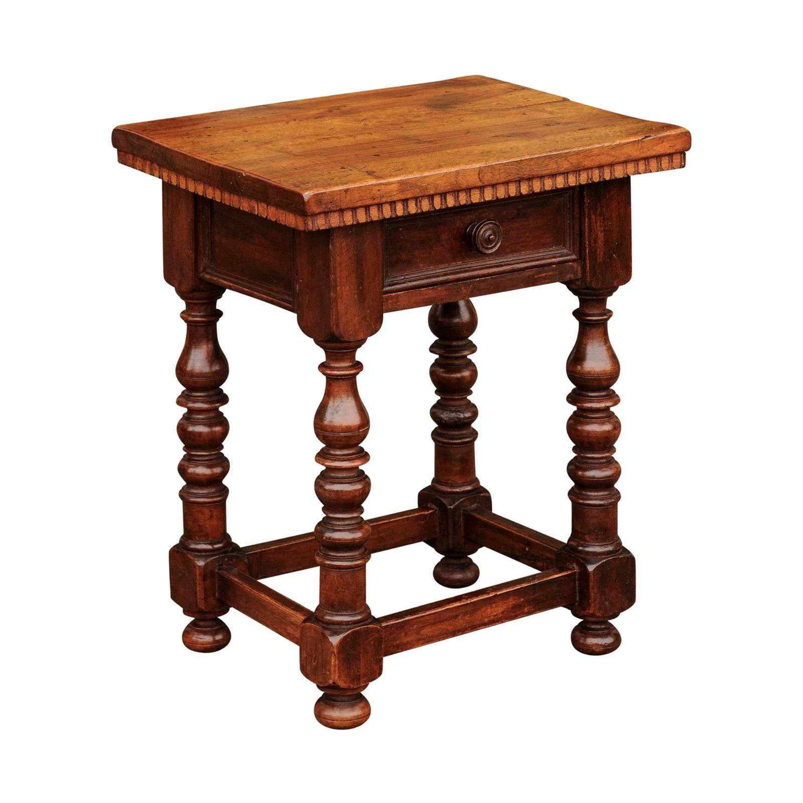 Italian 1870s Walnut Side Table with Dentil Molding, Drawer and Turned Base For Sale