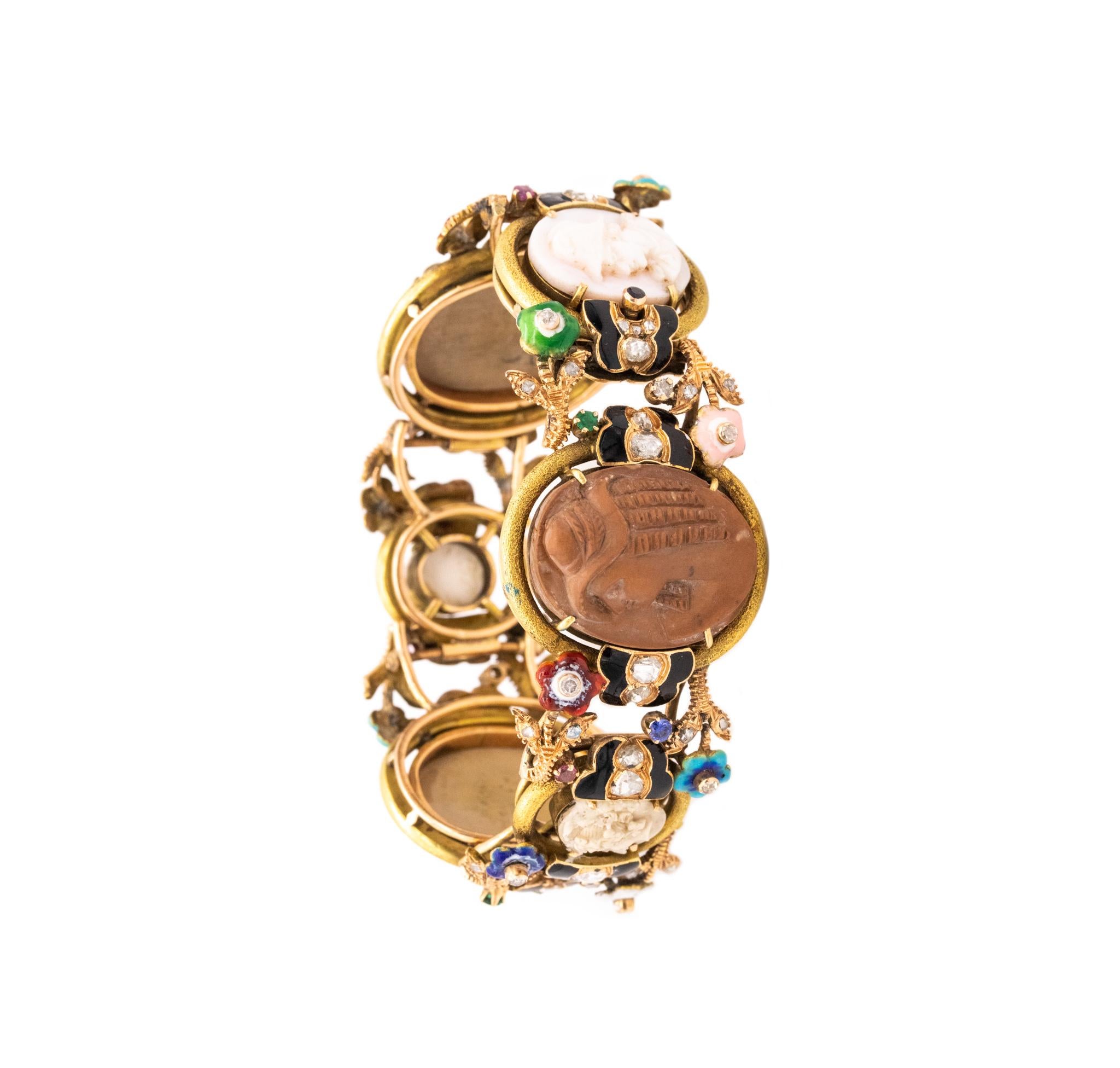 Italian 1880 Classic Etruscan Rare Colorful Bracelet 18Kt Gold 3.35 Ctw Diamonds For Sale 3