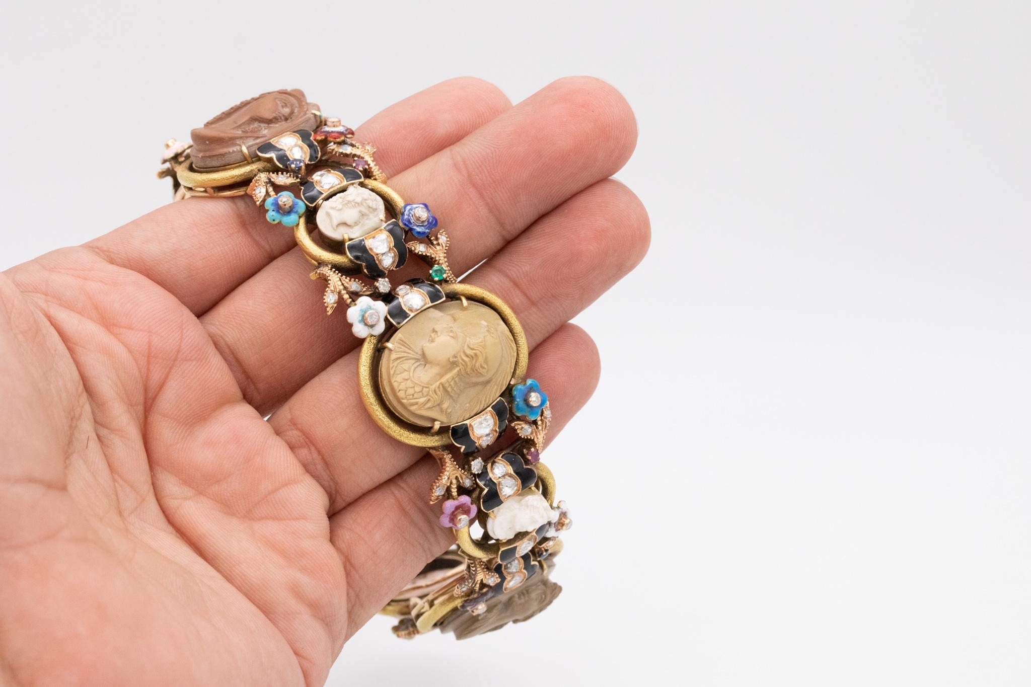 A unusual Etruscan revival bracelet.

Very unique and rare Italian grand-tour bracelet created in the 1880's, It is highly decorated with Etruscan revivals motifs and crafted in solid yellow gold of 18 karats. Is embellished with three-dimensional