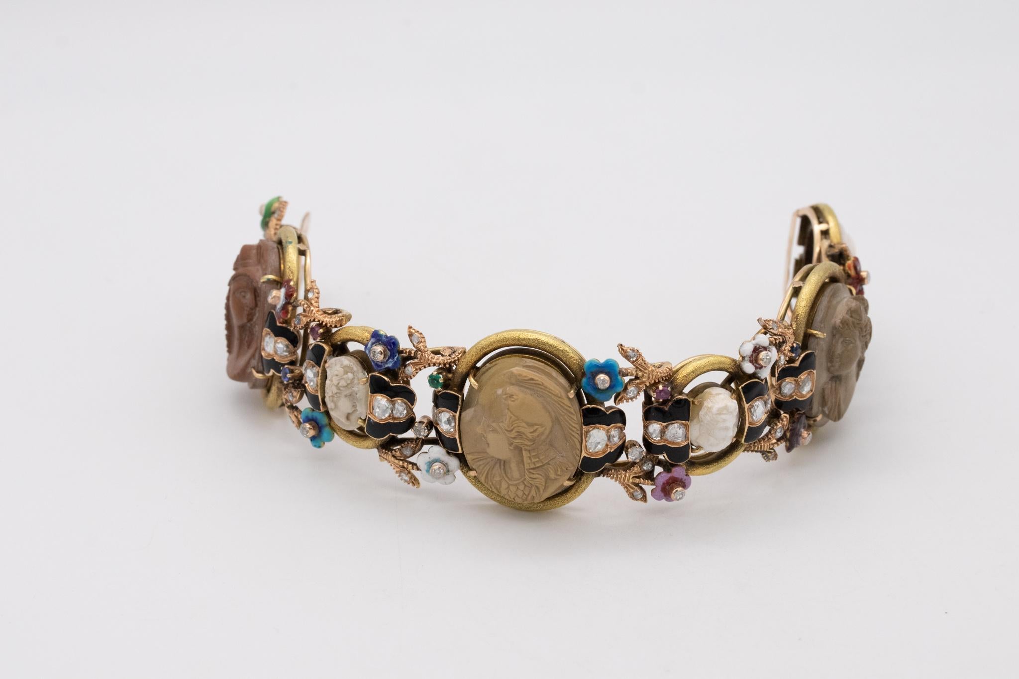 Etruscan Revival Italian 1880 Classic Etruscan Rare Colorful Bracelet 18Kt Gold 3.35 Ctw Diamonds For Sale