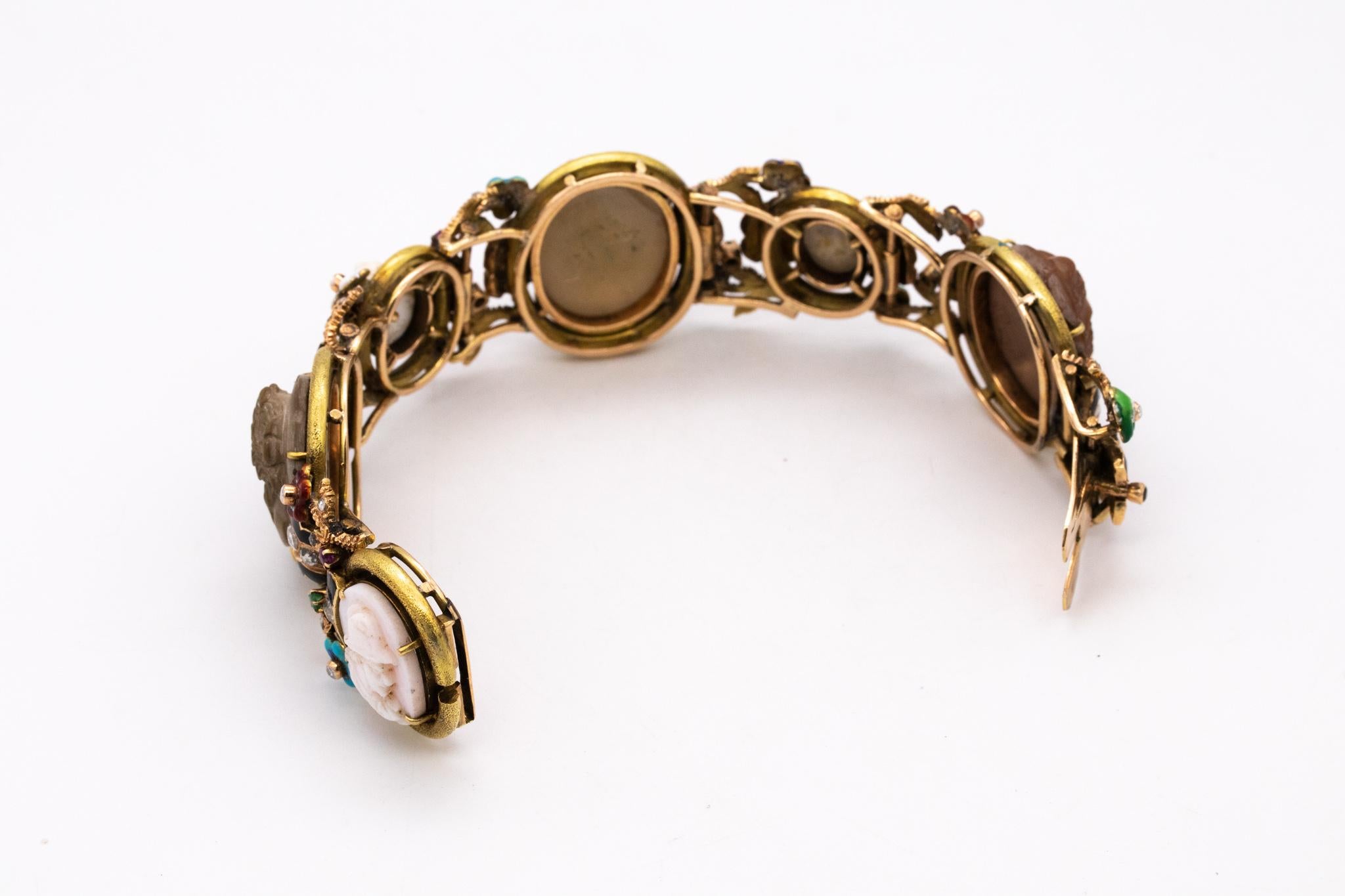 Italian 1880 Classic Etruscan Rare Colorful Bracelet 18Kt Gold 3.35 Ctw Diamonds In Excellent Condition For Sale In Miami, FL
