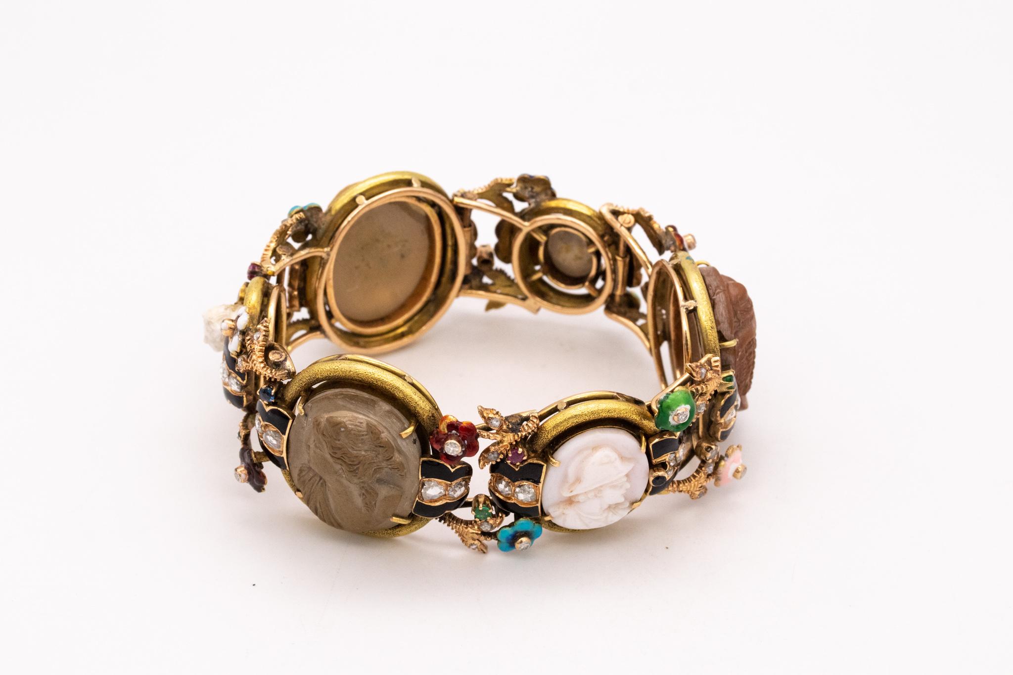 Women's Italian 1880 Classic Etruscan Rare Colorful Bracelet 18Kt Gold 3.35 Ctw Diamonds For Sale