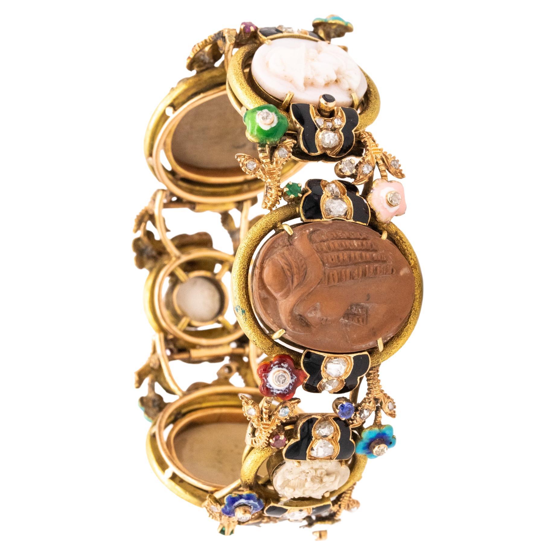 Italian 1880 Classic Etruscan Rare Colorful Bracelet 18Kt Gold 3.35 Ctw Diamonds For Sale