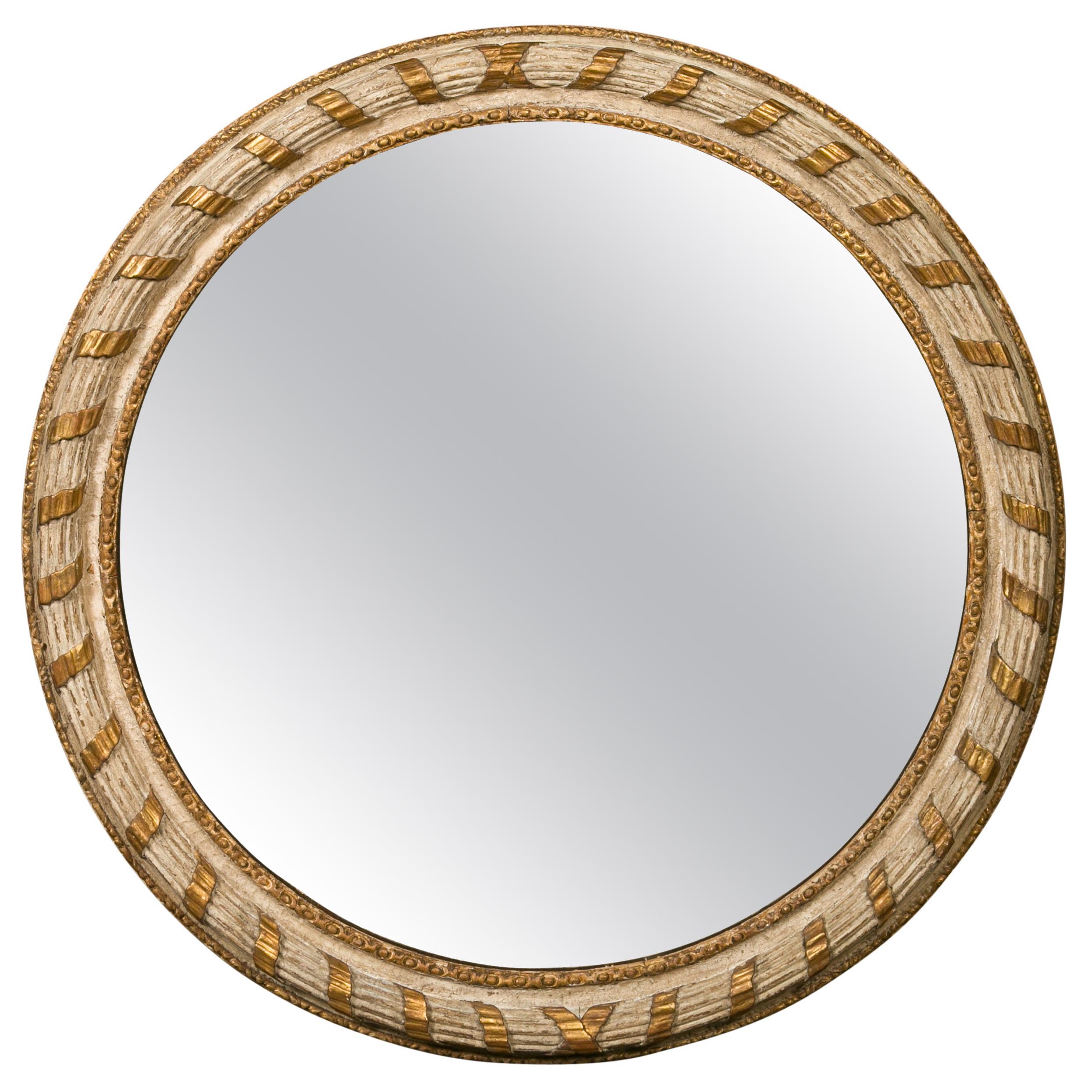 Italian 1880s Parcel-Gilt and Painted Circular Mirror with Carved Ribbon
